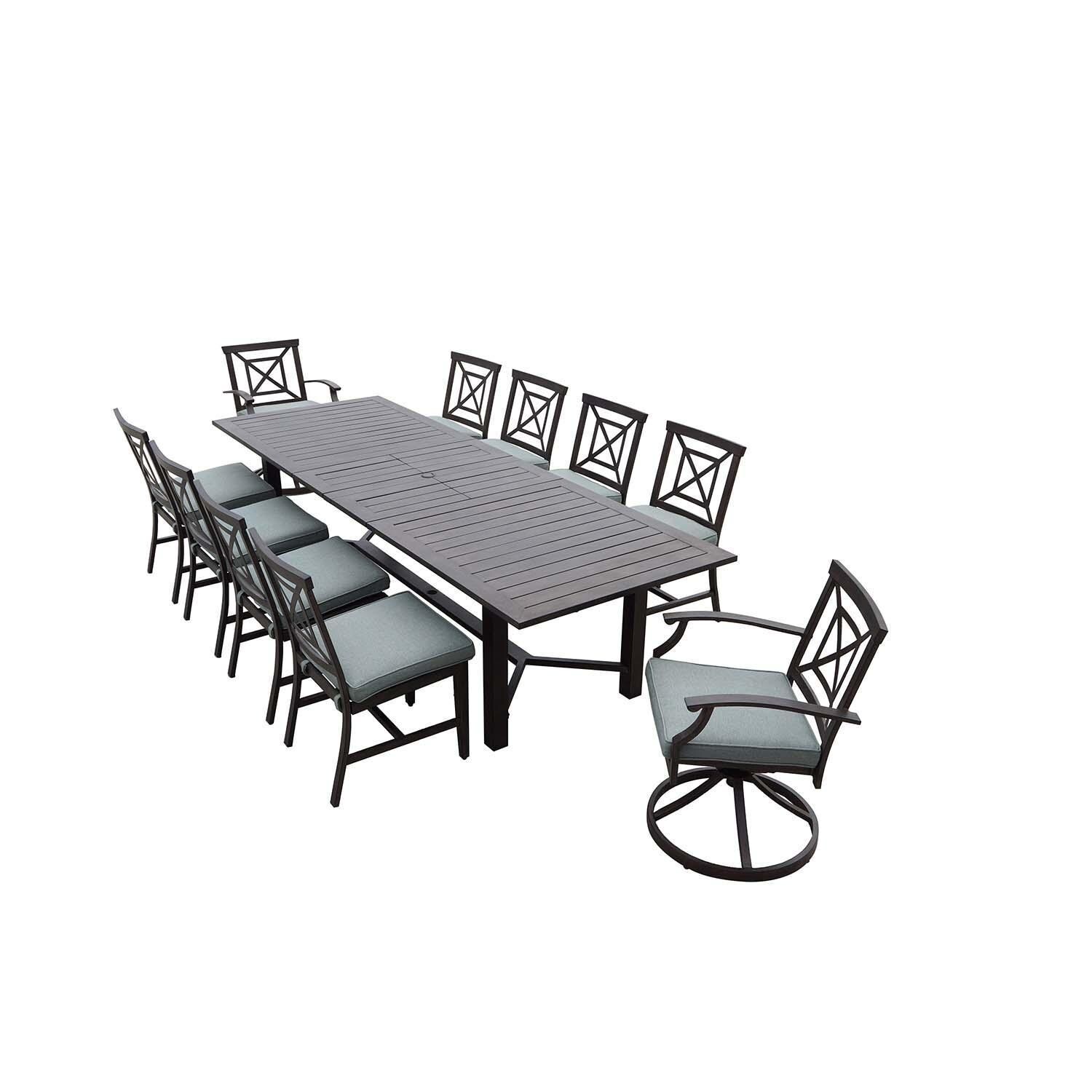Atlantis 11 Pc Aluminum Dining Set w/ 118 Inch Table, Swivel Rockers, and Spa Cushions in Walnut By Darlee - Set - White Background thumbnail