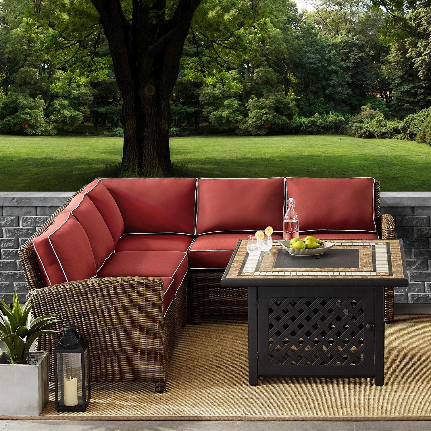 Ultimate Patio UP-92390-SG 4Pc Wicker Outdoor Sectional Set W/ Fire Table in Sangria - On Patio W/ Fire Table Off - Lifestyle thumbnail