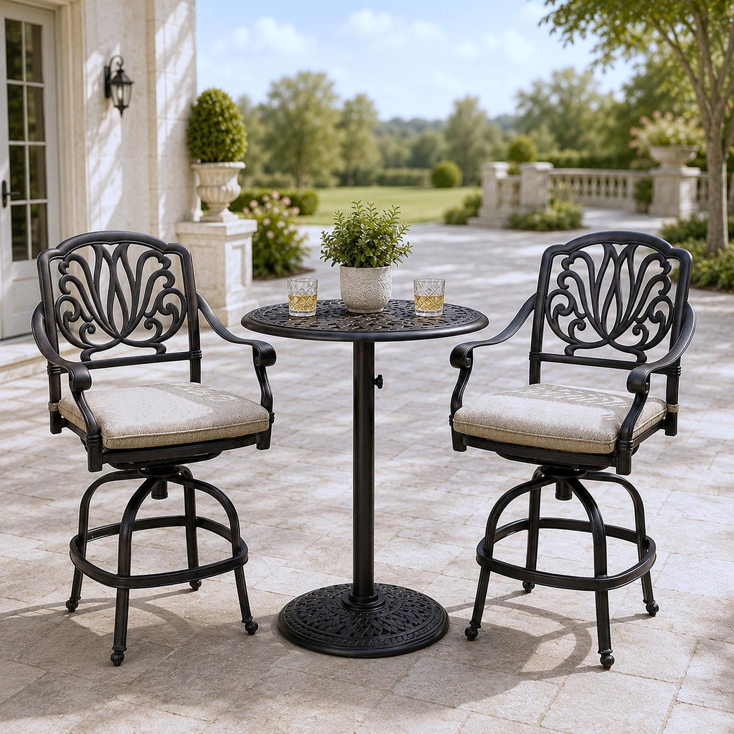 Darlee Elisabeth 3 Pc Cast Aluminum Counter Height Bar Set w/ 30 Inch Round Series 60 Table in Antique Bronze/Beige - Set - Lifestyle thumbnail