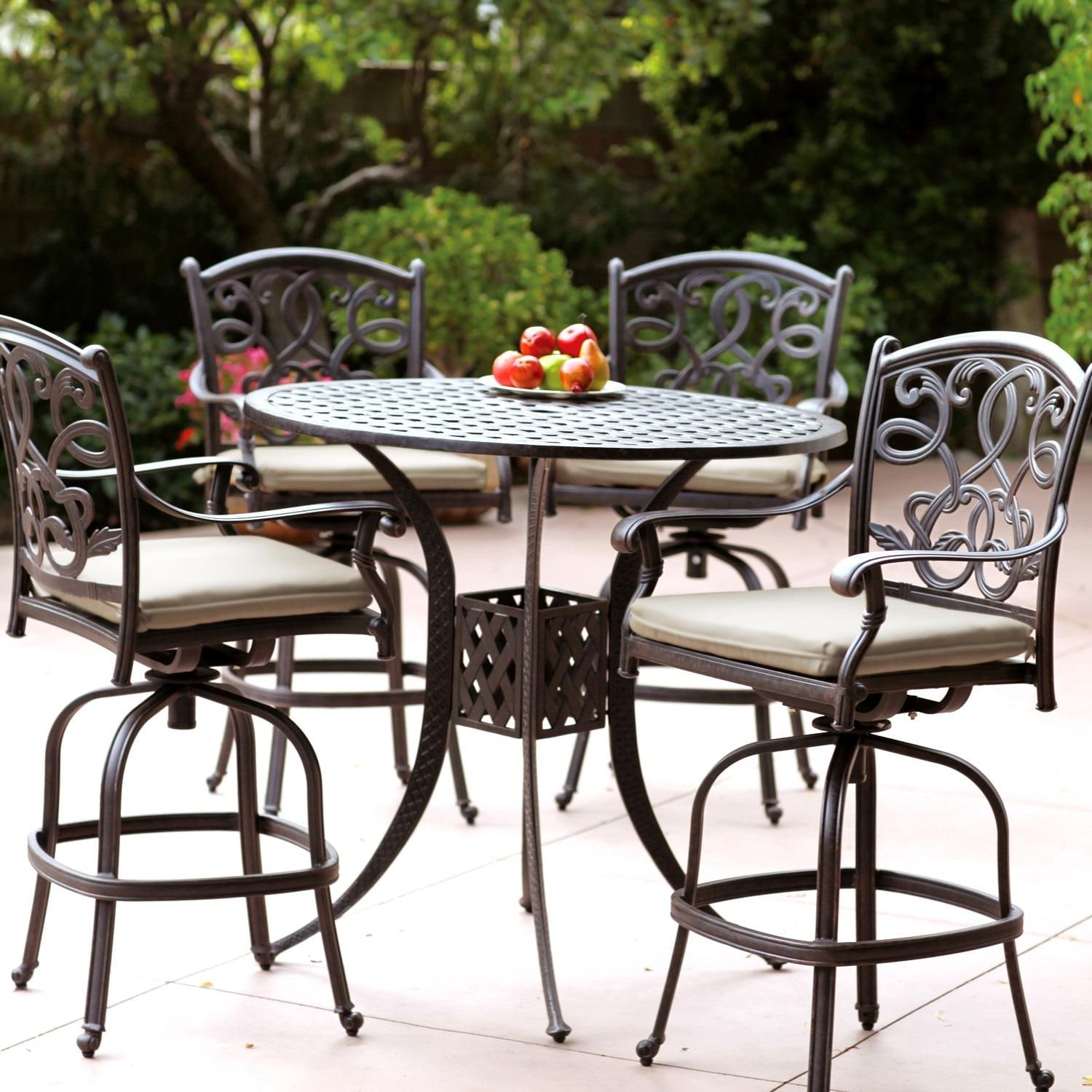 Darlee Santa Monica 5 Pc Cast Aluminum Bar Set w/ 42 Inch Round Series 30 Table & Swivel Bar Stools in Antique Bronze/Beige Canvas by
