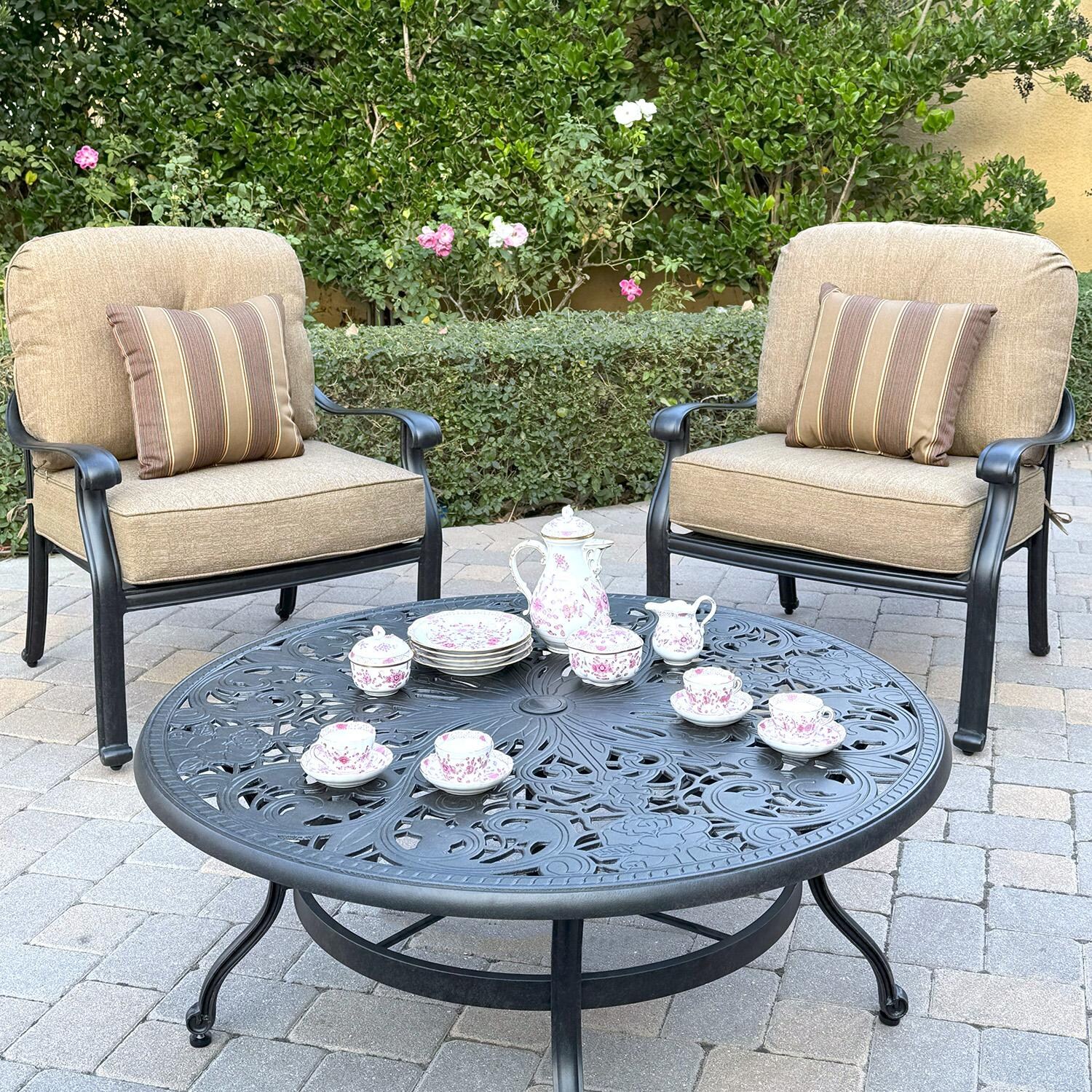 Darlee Elisabeth Cast Aluminum 2 Pc Set Club Chair Set in Antique Bronze/Beige - Shown as Set - Lifestyle thumbnail