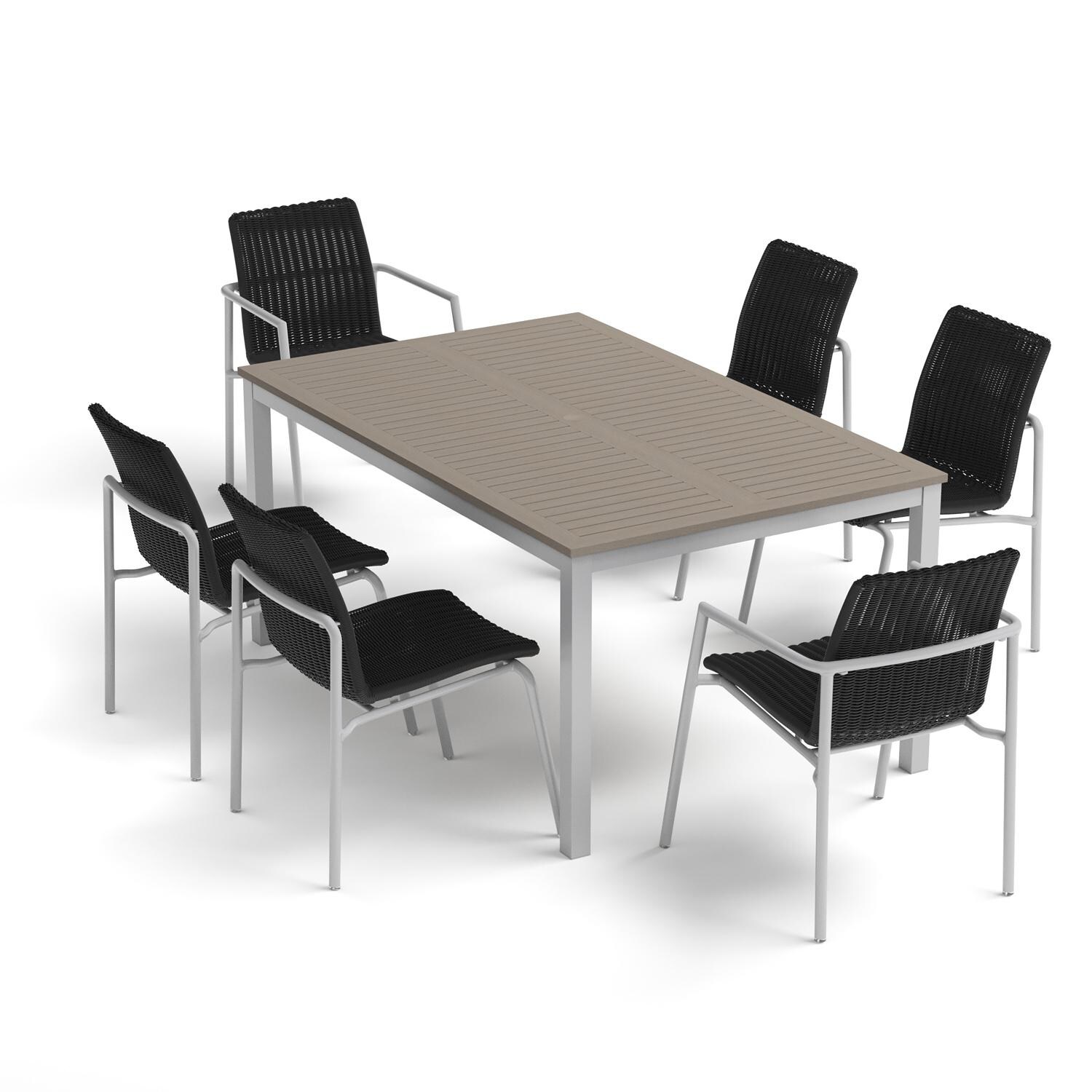 Oxford Garden Orso 7 Pc Wicker & Aluminum Dining Set W/ Vintage Tekwood Table Top in Flint/Shadow - Top View thumbnail