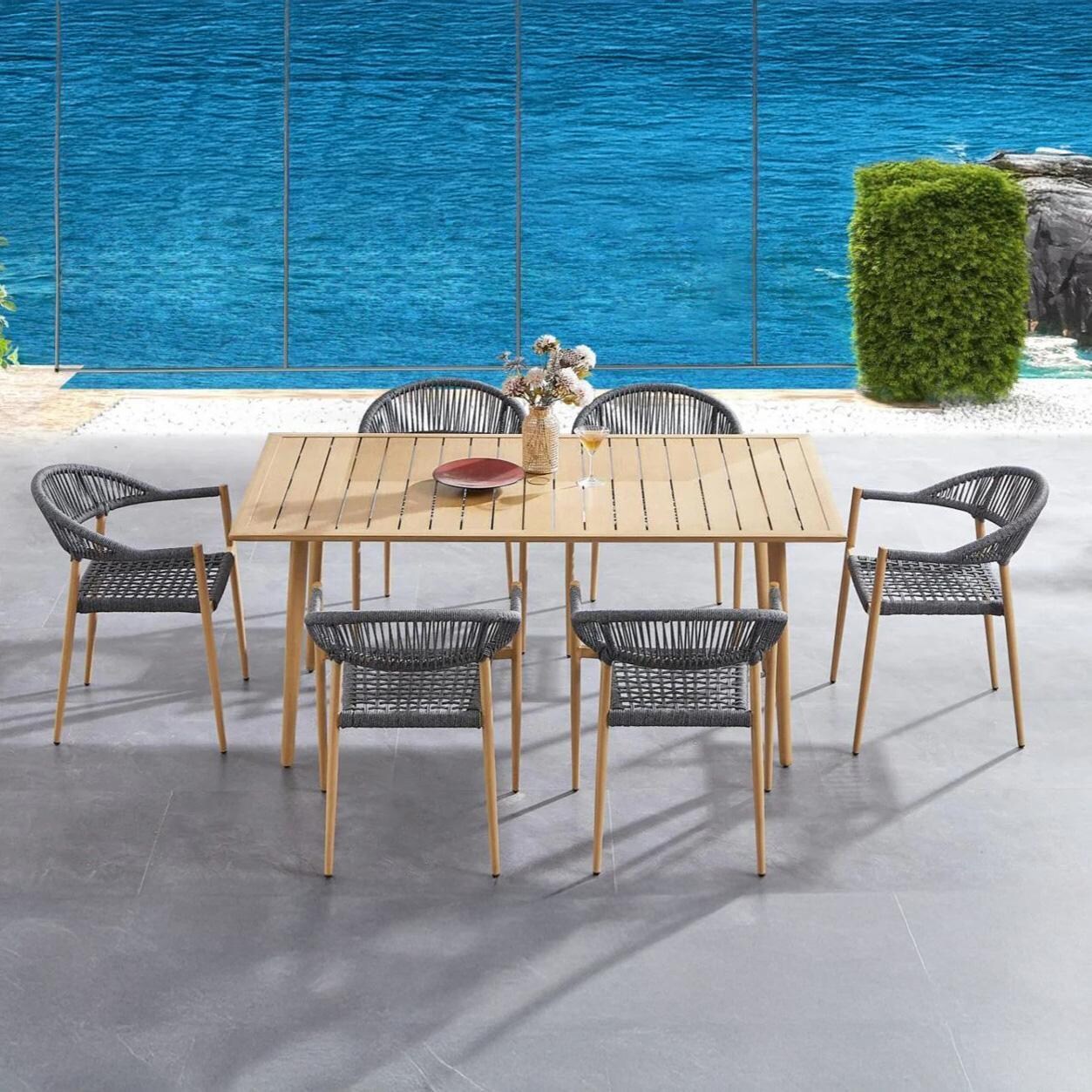 Lakeview Outdoor Designs LV-352-7 Eden Isle 7 Pc Aluminum Dining Set in Natural Wood - By The Water - Lifestyle thumbnail