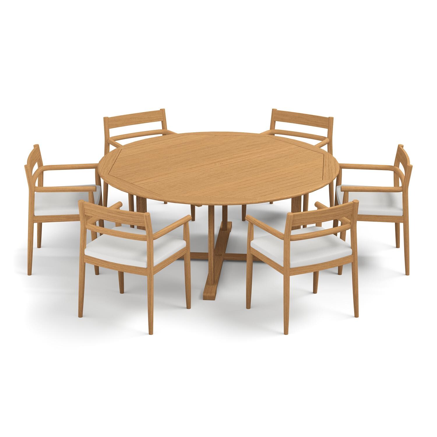 Oxford Garden Lido 7 Pc Teak Dining Set W/ 67 Inch Round Table in Natural/Bliss Linen - Top View thumbnail