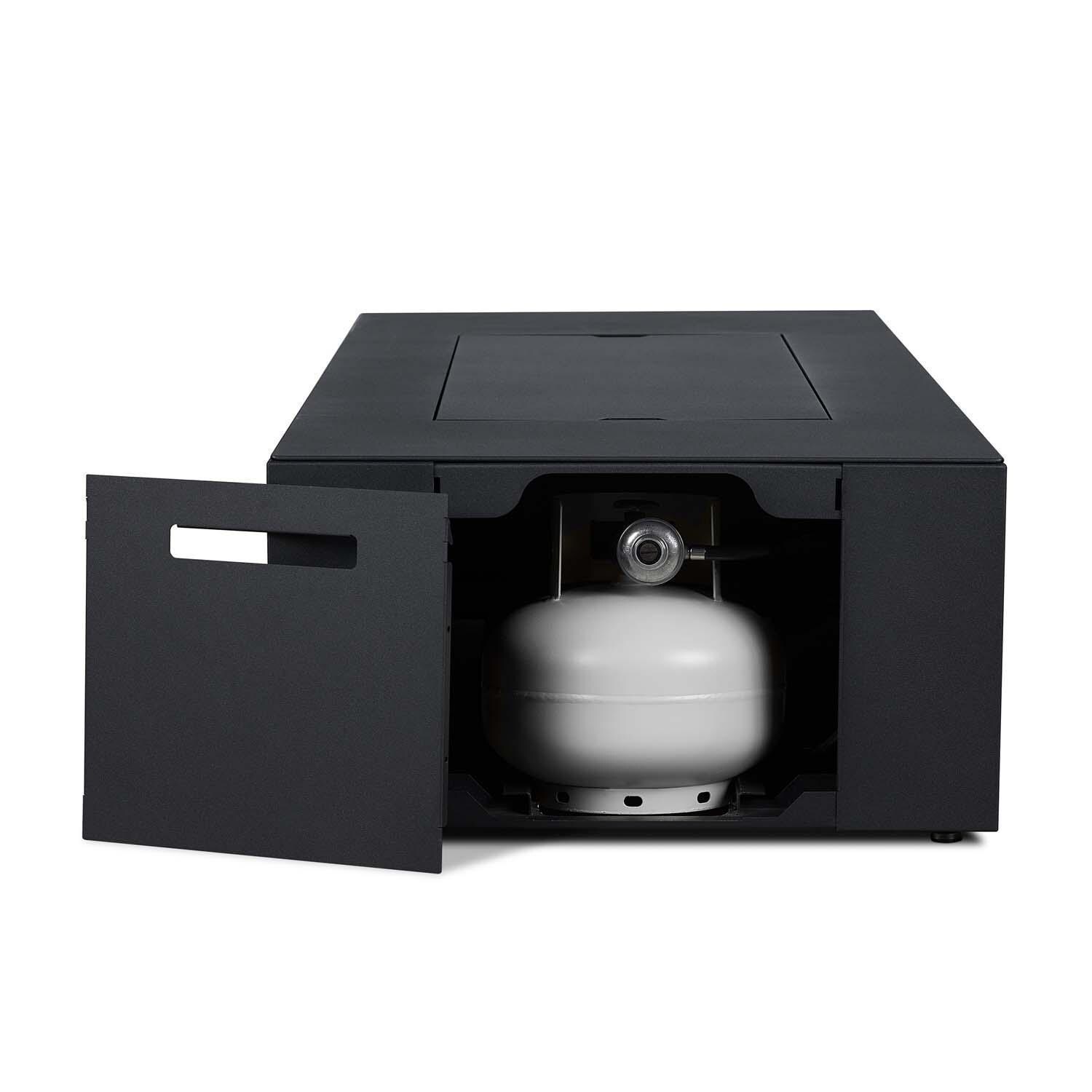 Covewood 58 Inch Rectangular Aluminum Propane Fire Pit Table w/ Hidden Propane Tank in Charcoal by BBQGuys Signature - Propane Tank Door - Detail thumbnail