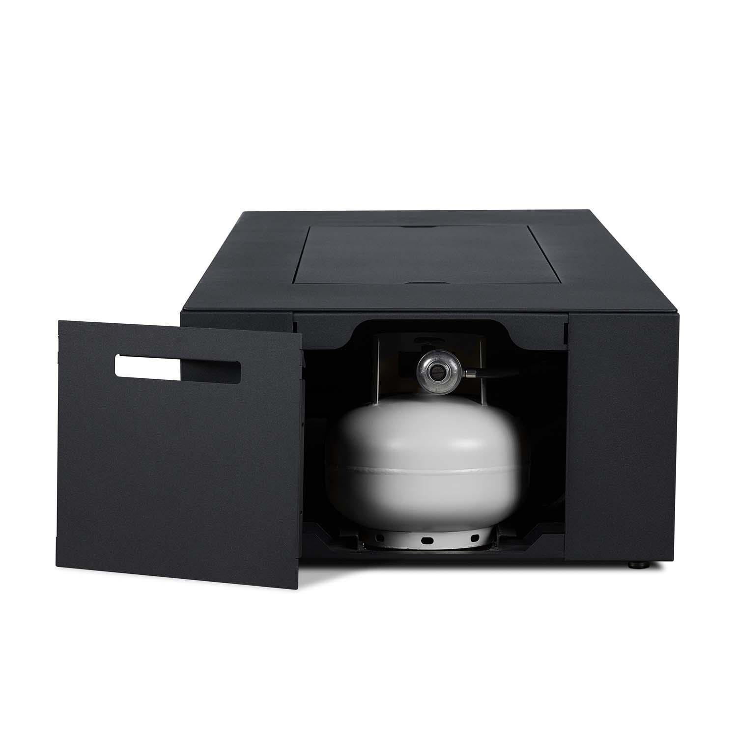 Covewood 58 Inch Rectangular Aluminum Propane Fire Pit Table w/ Hidden Propane Tank in Charcoal by BBQGuys Signature - Propane Tank Door - Detail thumbnail