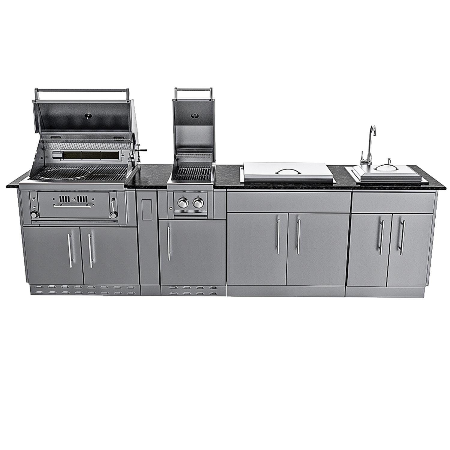 Sunstone Grills SCPALAMO10-LP Alamo 10 Ft Outdoor Kitchen Island w/ Propane Grill & Side Burner, Sink, Door & Drawer - Front Open - White Background thumbnail