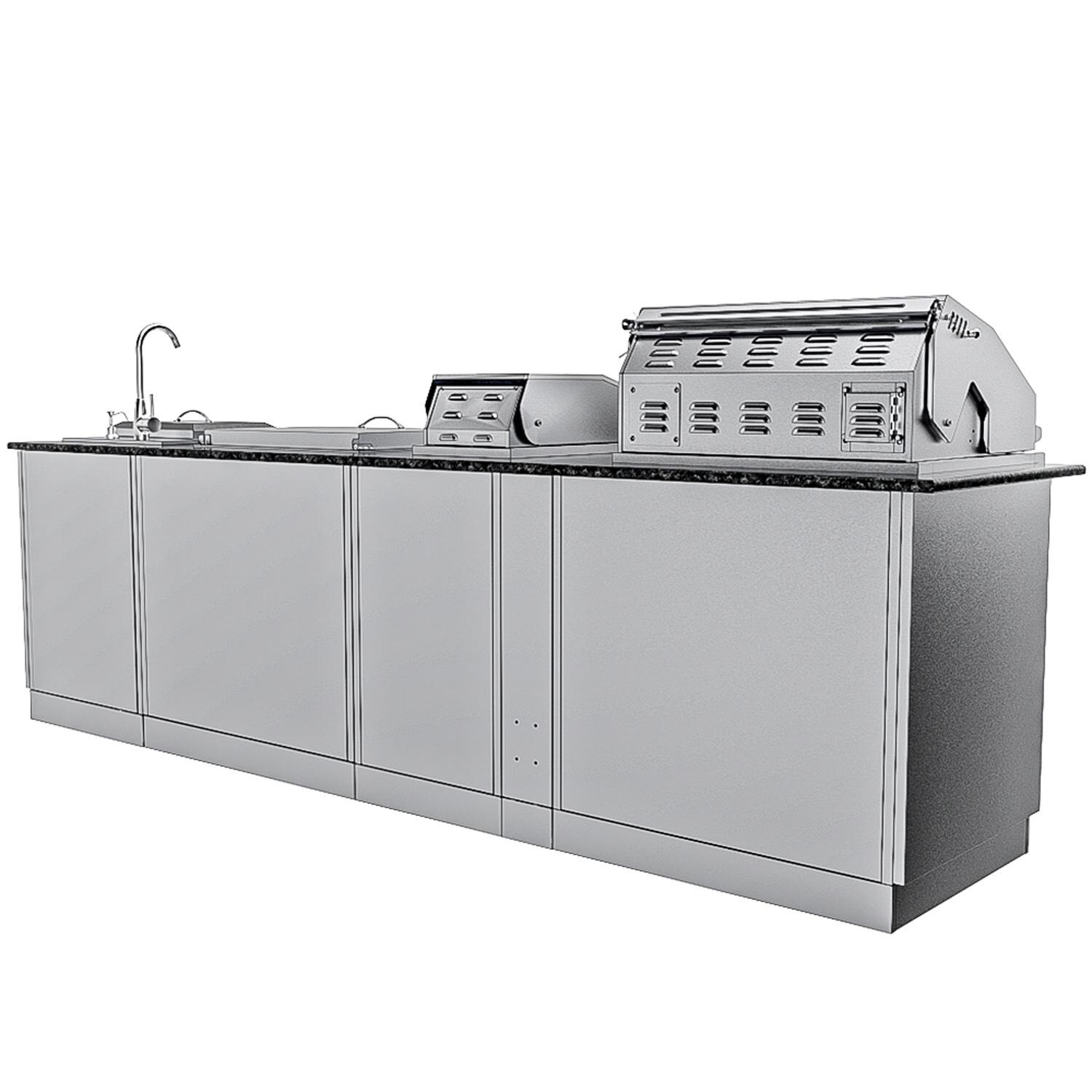 Sunstone Grills SCPALAMO10-LP Alamo 10 Ft Outdoor Kitchen Island w/ Propane Grill & Side Burner, Sink, Door & Drawer - Back - White Background thumbnail