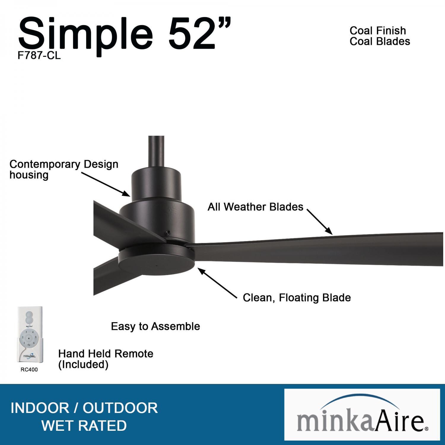 Minka-Aire F787-CL Simple 52-Inch 3-Blade Ceiling Fan in Coal Finish w/ Coal Blades - Details thumbnail
