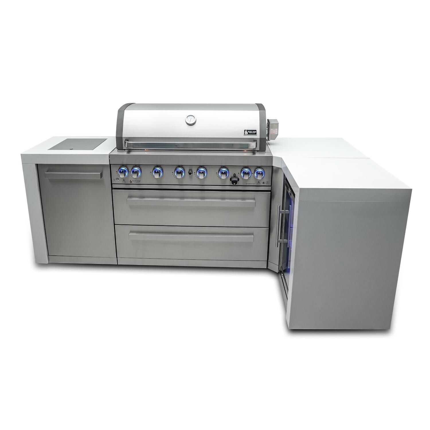Mont Alpi MAi805-D90FC Deluxe 90 Degree Natural Gas Island Grill W/ Refrigerator Cabinet - Front View - Grill Closed - White Background thumbnail
