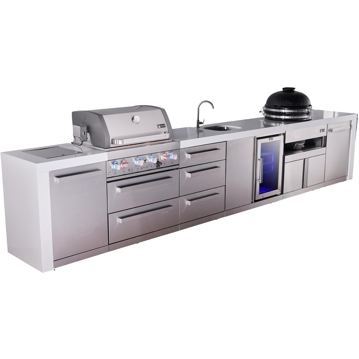 Mont Alpi Deluxe Series 14 Ft Natural Gas Outdoor Kitchen Island w/ 32-in Grill, Side Burner, Beverage Center, Kamado Module & Triple Drawer (Ships Propane w/ Conversion Kit) - Angled Left - White Background thumbnail