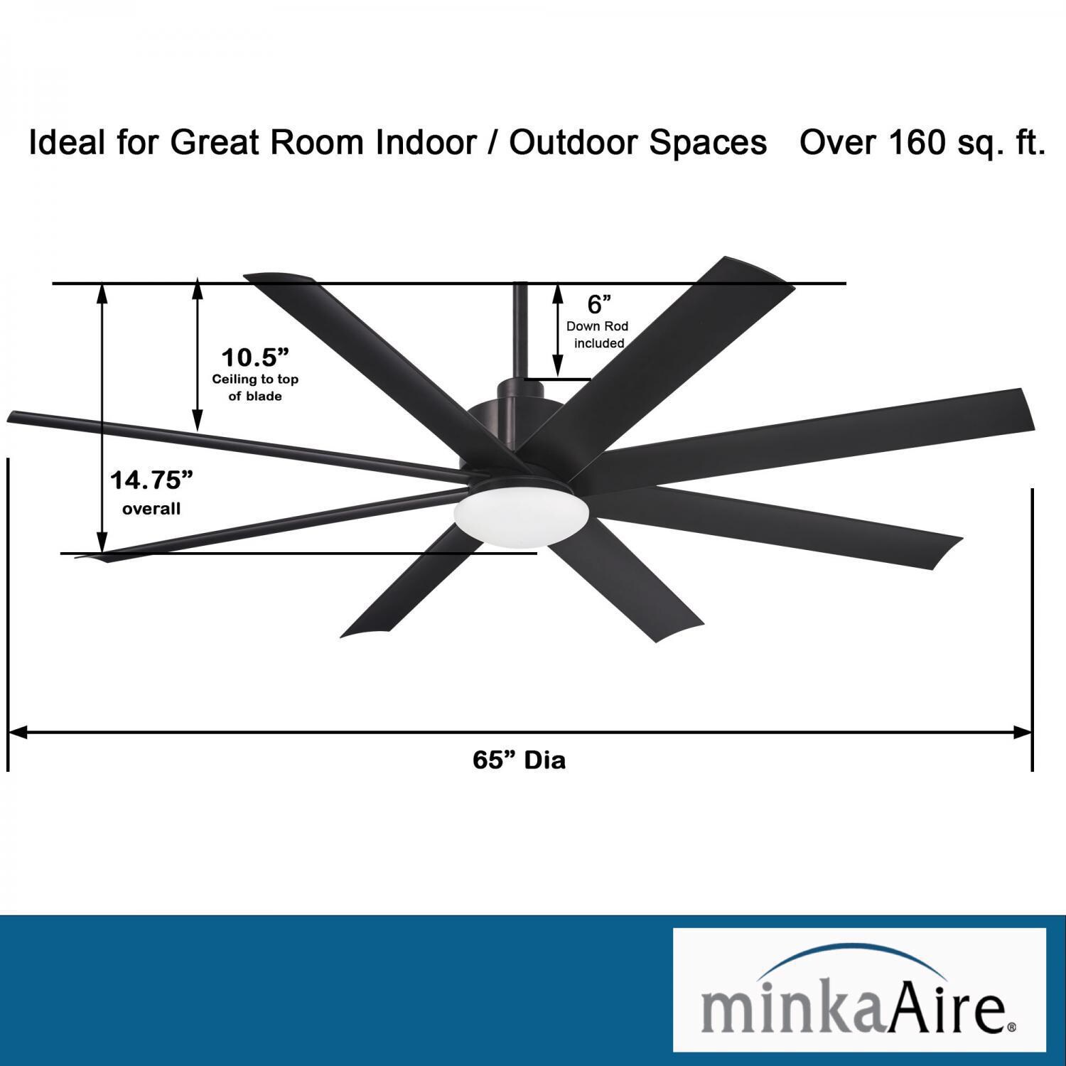 Minka-Aire F888L-CL Slipstream 65-Inch 8-Blade LED Ceiling Fan in Coal Finish w/ Distressed Koa Blades & Etched Opal Glass - Dimensions thumbnail
