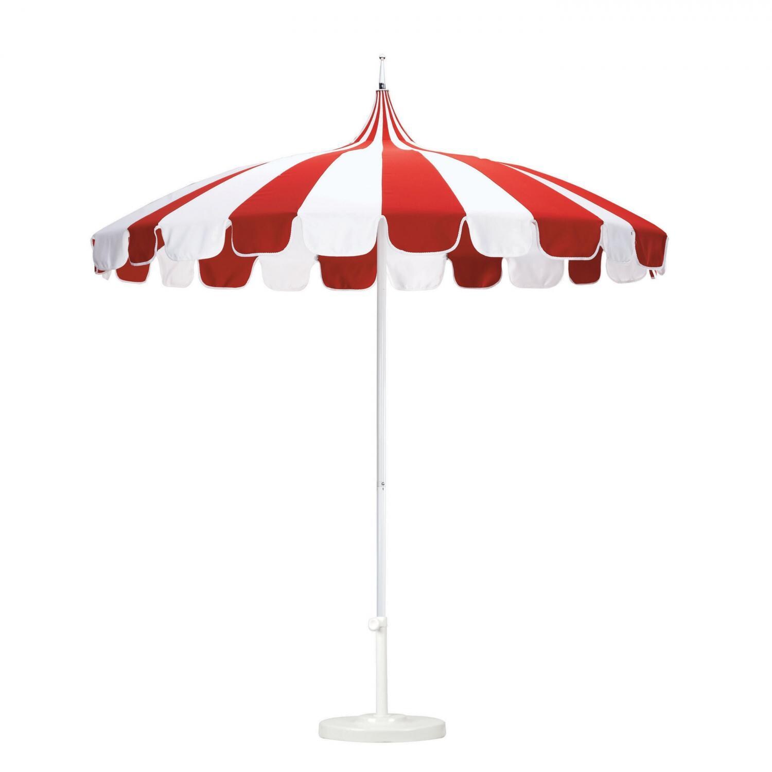 California Umbrella Pagoda Series 8.5 Ft Round Aluminum Pagoda Patio Umbrella W/ Push Lift & Steel Wire Ribs - White Frame / Jockey Red Stripe Canopy