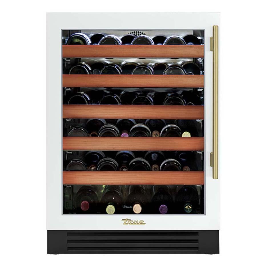 True 24 Inch 45 Bottle Left Hinge Glass Door Outdoor Wine Cabinet - Matte White w/ Brass Handle - TWC-24-L-OG-C~DSK-030-H01