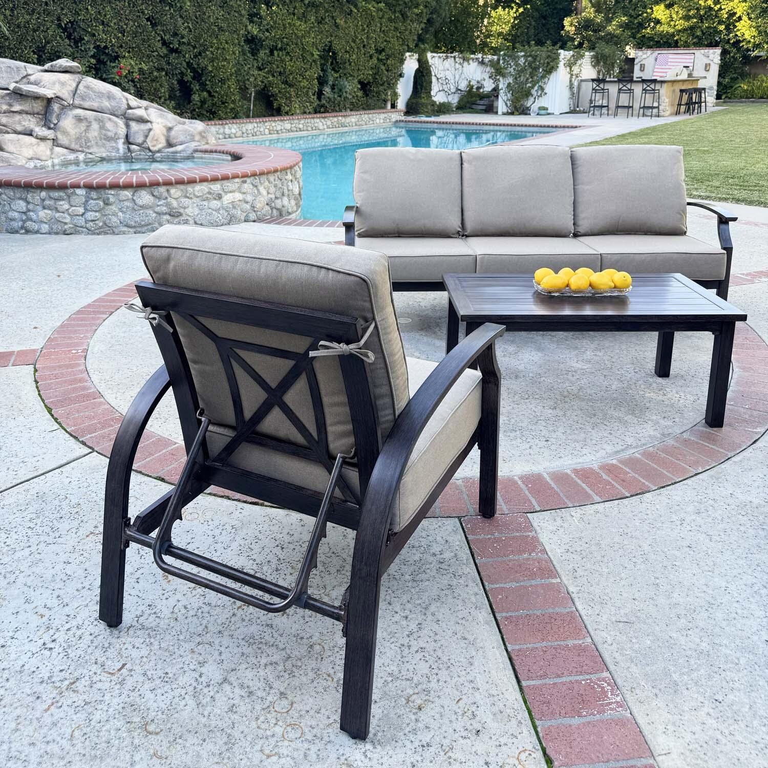 Atlantis 4 Pc Aluminum Seating Set w/ Rectangular Coffee Table in Walnut/Beige by Darlee - Close Up - Lifestyle thumbnail