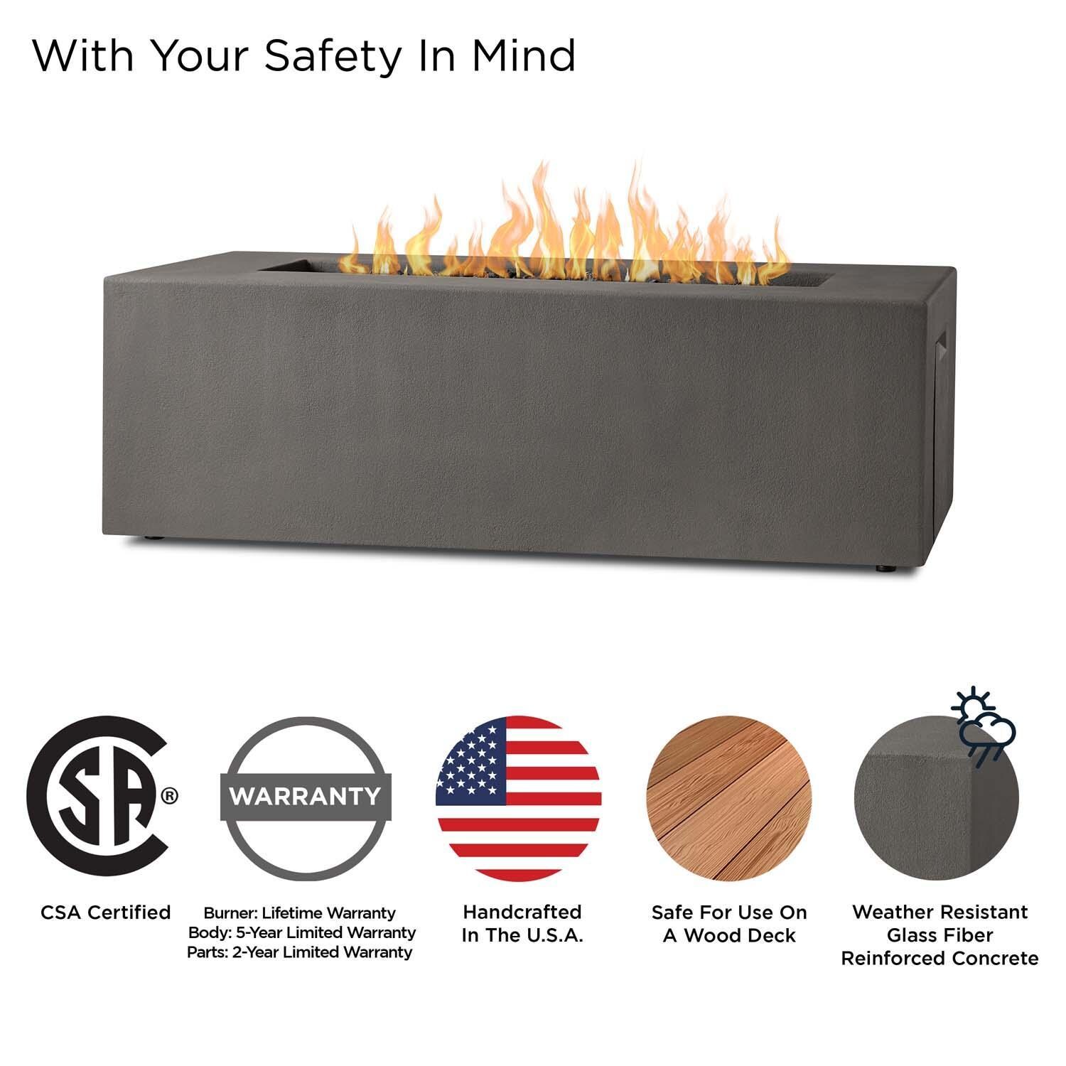 Olliewood 60 Inch Rectangular Glass Fiber Reinforced Concrete Propane Fire Pit Table in Carbon by BBQGuys Signature - Safety thumbnail