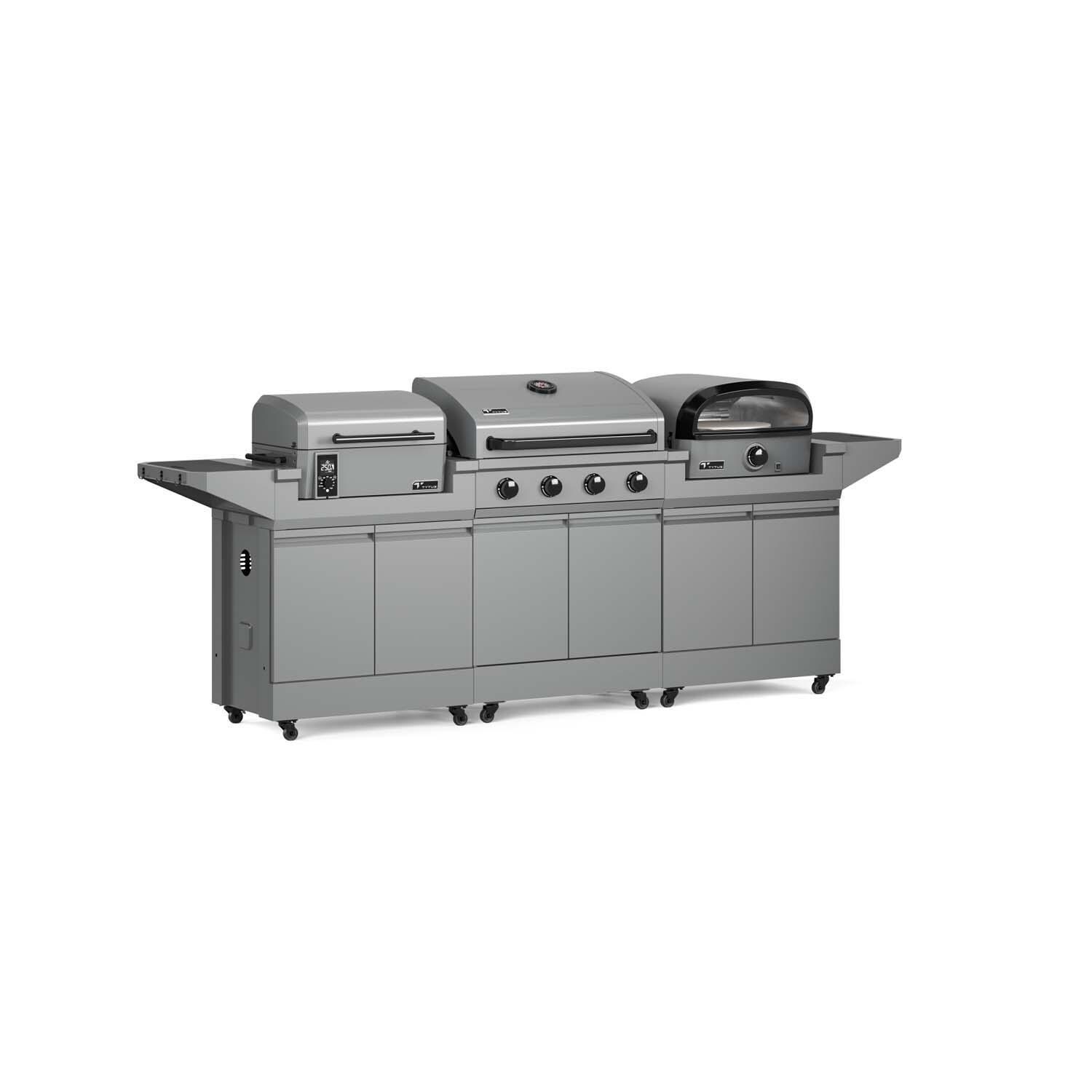 TYTUS TDT-BUN-008 Modular Grilling Collection 32 Inch Propane Gas Grill, Pellet Smoker, and Propane Pizza Oven w/ Cart - Right Angled View - White Background thumbnail