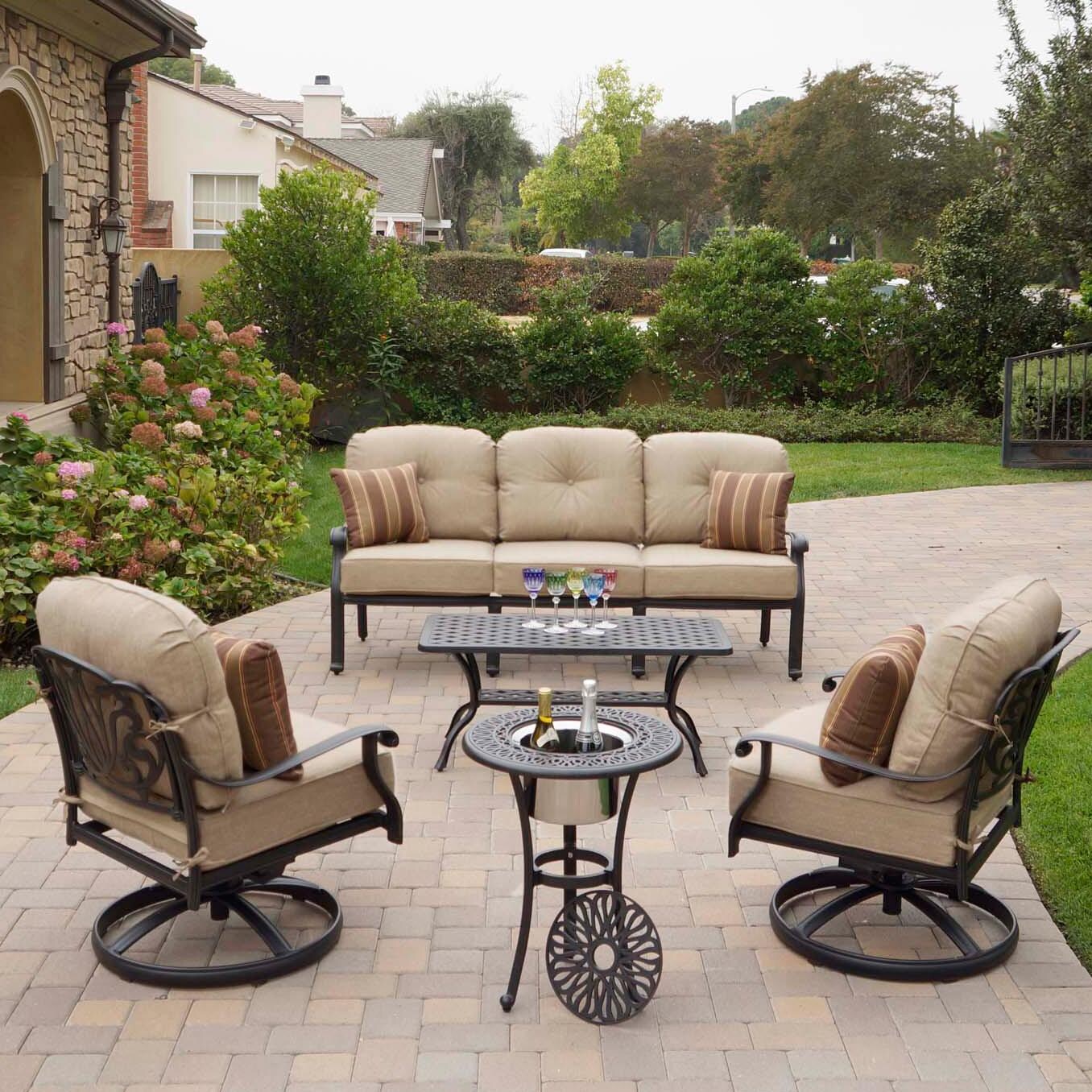 Darlee Elisabeth 5 Pc Cast Aluminum Seating Set w/ Series 30 Coffee Table & End Table in Antique Bronze/Beige Canvas - Lifestyle thumbnail