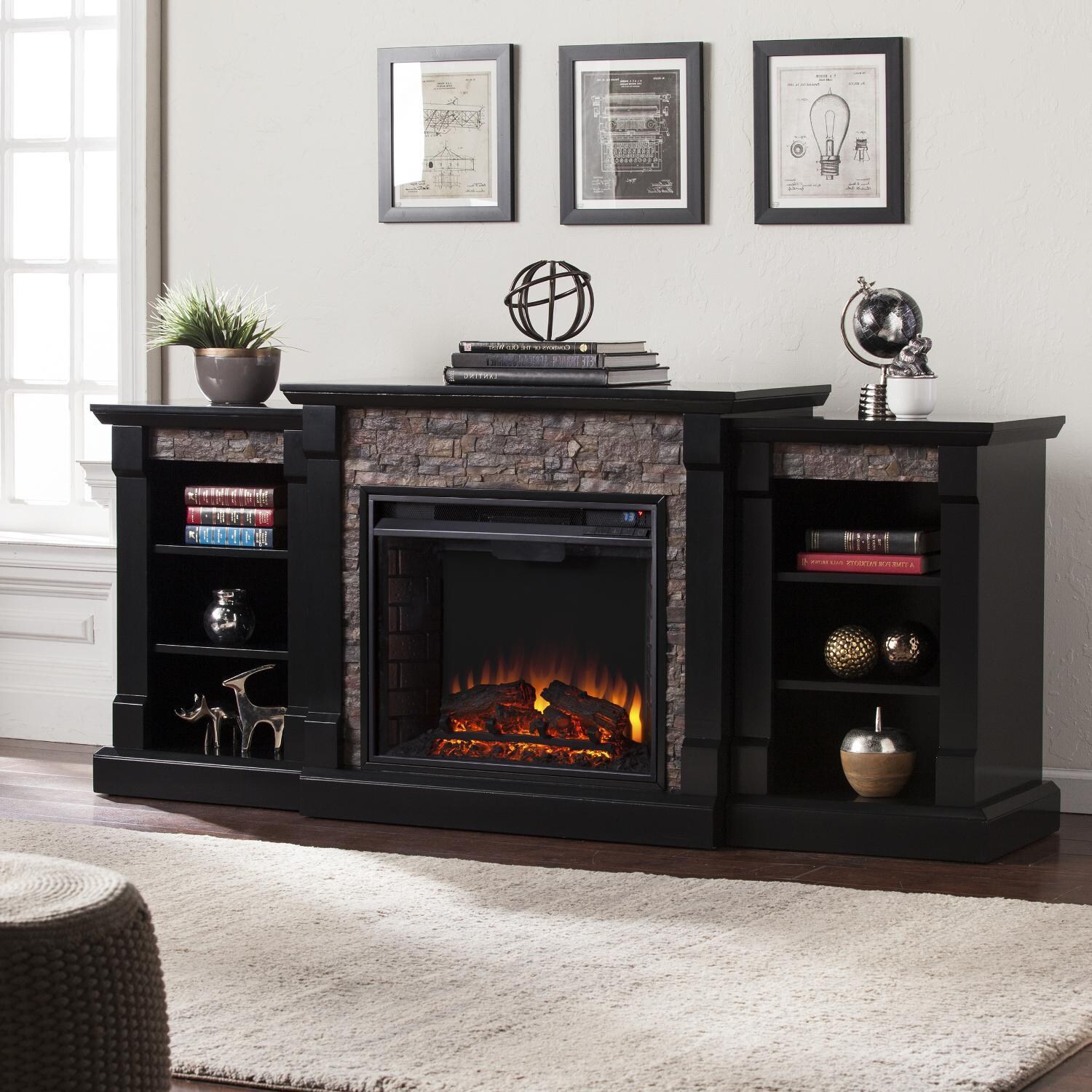Southern Enterprises Gallatin 71-Inch Electric Fireplace W/ Bookcases - Satin Black W/ Black River Faux Stone - FE8525 thumbnail