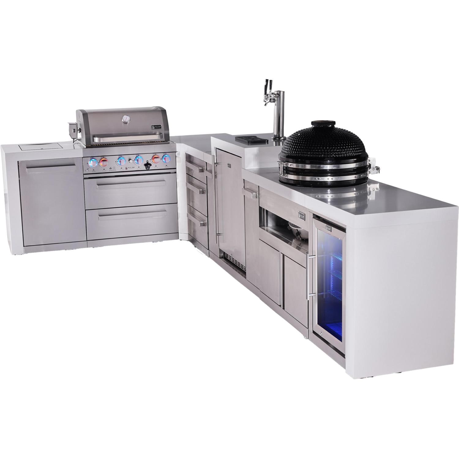 Mont Alpi Deluxe Series 13 Ft Propane Outdoor Kitchen Island w/ 32-in Grill, Side Burner, Kegerator, Fridge, Kamado Module & Triple Drawer