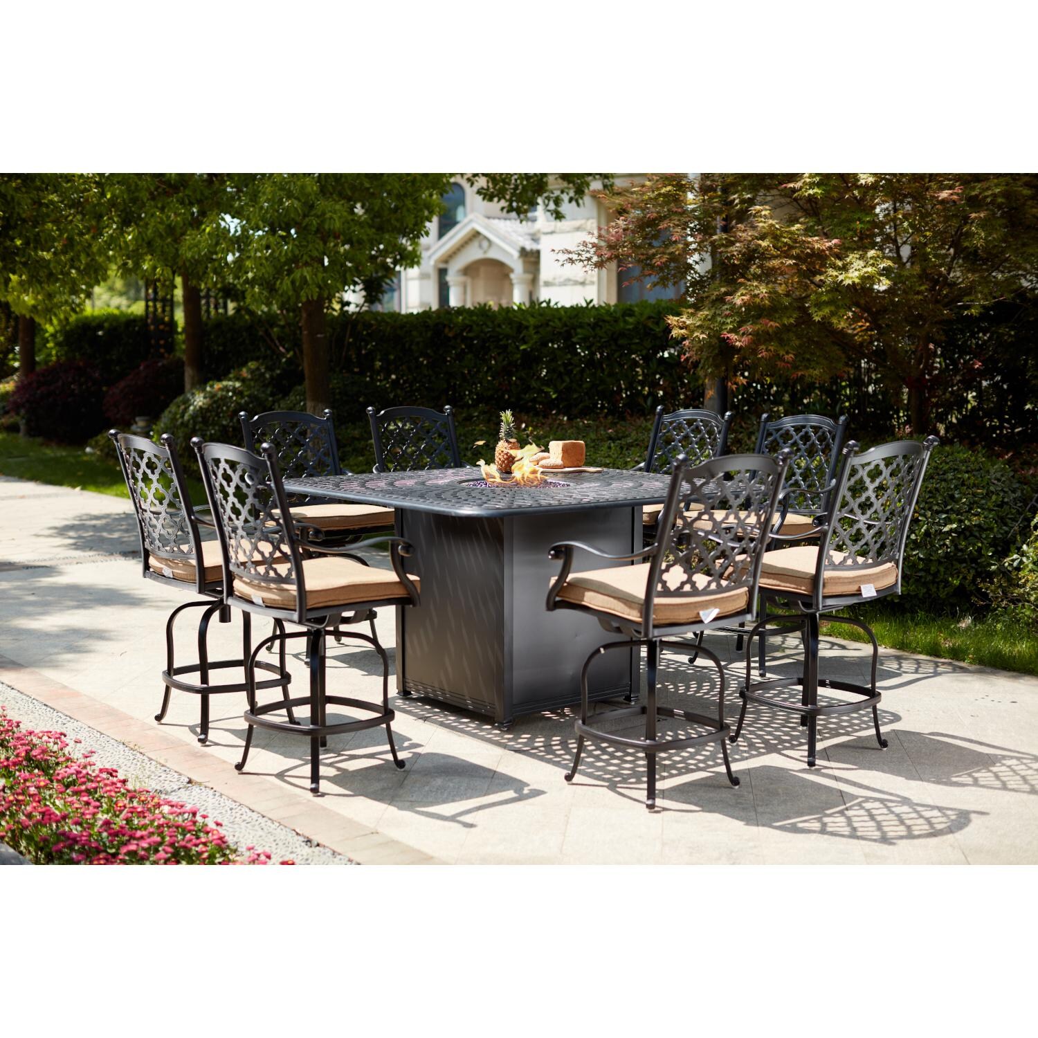 Darlee 201650-9PC-60GHW Madison 9 Piece Cast Aluminum Patio Counter Height Fire Pit Dining Set W/ 64 Inch Square Table - Lifestyle thumbnail