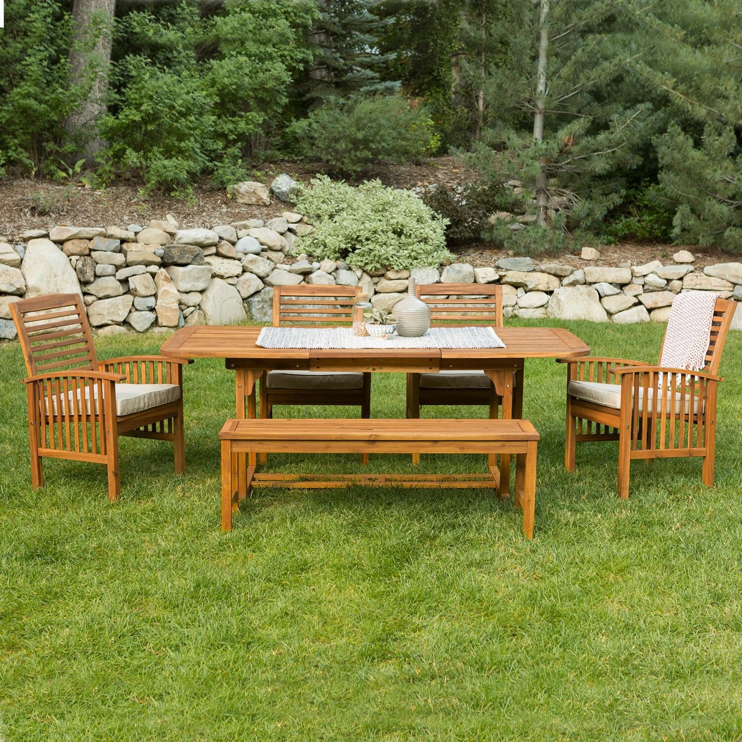 Ultimate Patio Horizon Way 6 Piece Brown Acacia Patio Dining Set W/ 55 X 35 Inch Extension Table & Natural Cushions thumbnail