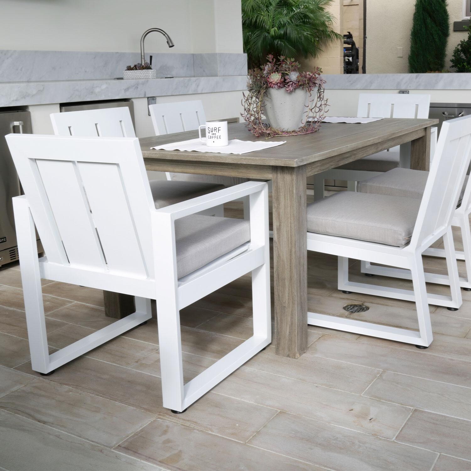 Newport Aluminum Armless Patio Dining Chair in Canvas Natural w/ No Welt by Sunset West - Outdoor Dining - Shown in Cast Silver Cushion Color finish (Only Dining Chair Included) - Lifestyle thumbnail