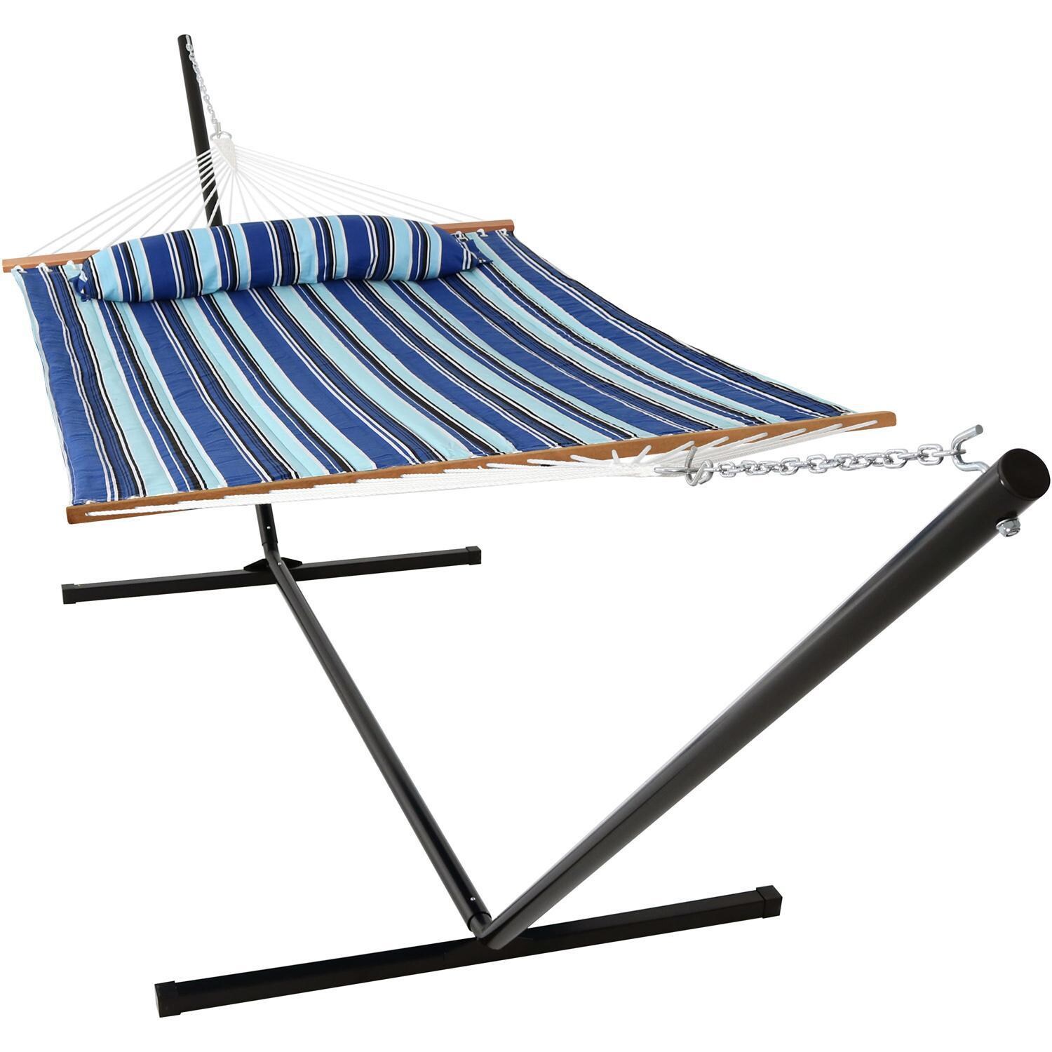 Ultimate Patio Quilted Double Hammock & Pillow w/ 15-Foot Black Stand - Catalina Beach