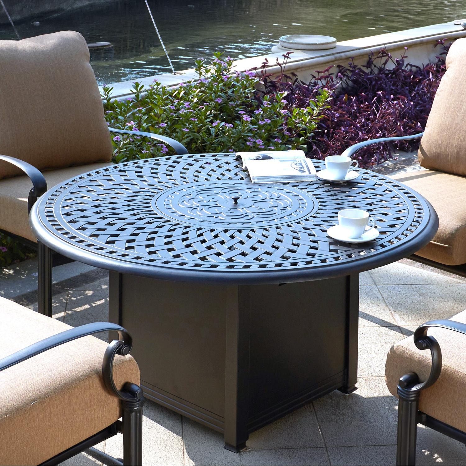 Darlee Santa Barbara 5 Pc Cast Aluminum Fire Pit Seating Set w/ 52 Inch Signature Table & 2 Swivel Rockers - Fire Pit, In Use w/ Lid Closed - Lifestyle thumbnail