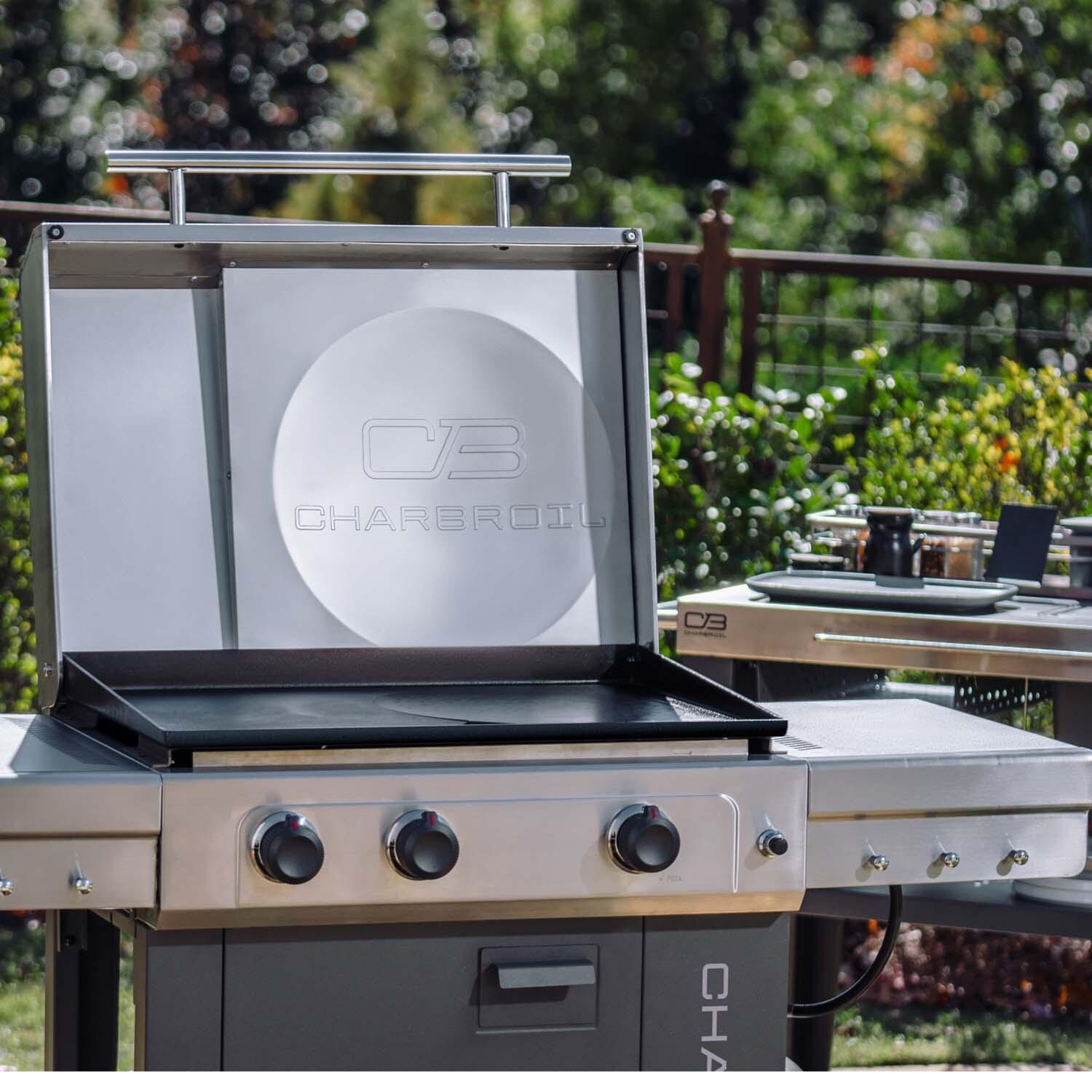 Charbroil 463717325 Versa-Tile 3 Burner 28-Inch All-In-One Cooking Station - Lid Open - Lifestyle thumbnail