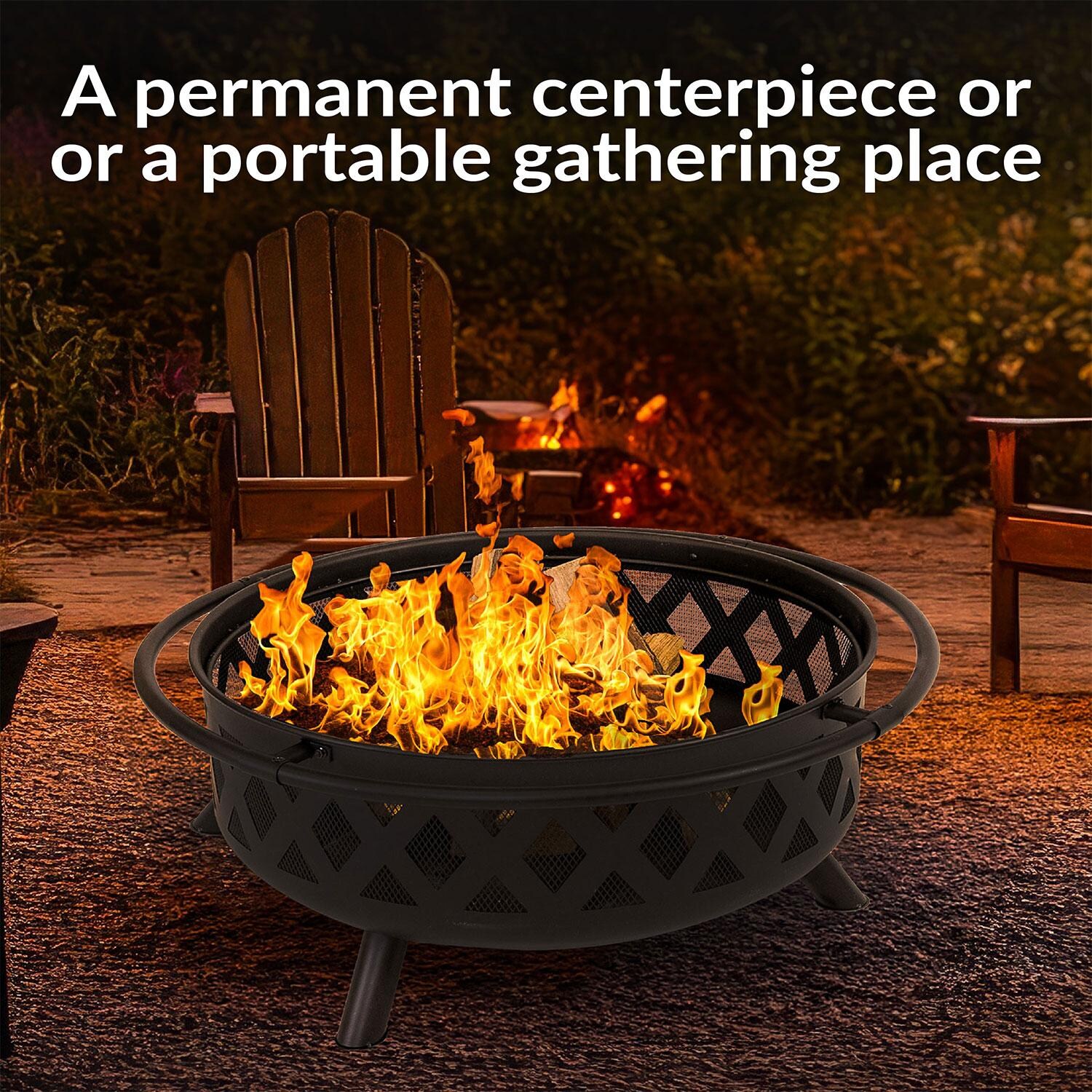 Ultimate Patio Crossweave 36 Inch Round Steel Wood-Burning Fire Pit in Black - Nighttime Ambiance - Lifestyle thumbnail
