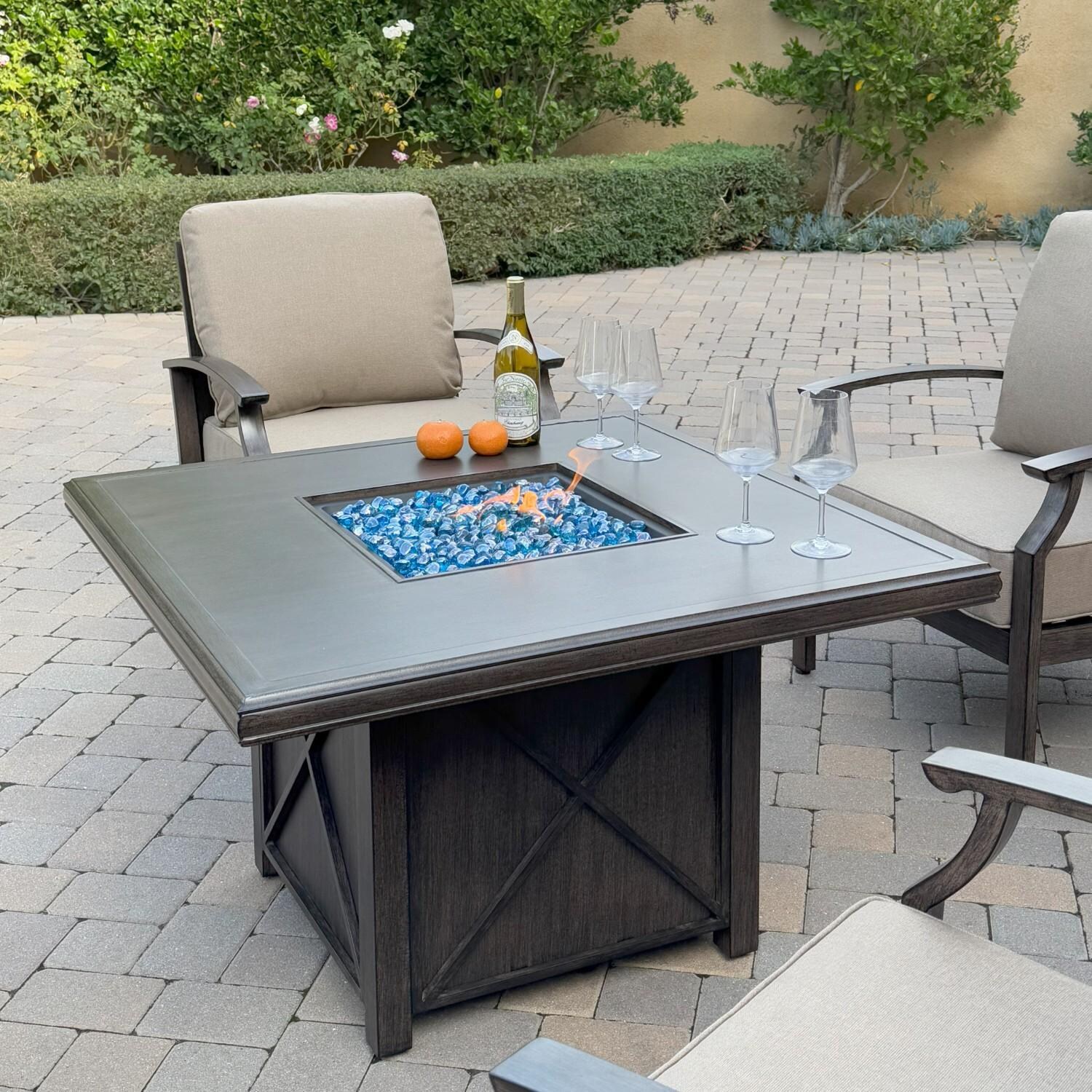 Atlantis 5 Pc Aluminum Fire Pit Seating Set w/ 2 Club Chairs & 2 Swivel Rocker Club Chairs in Walnut/Beige by Darlee - Chairs At Fire Pit Table - Lifestyle thumbnail