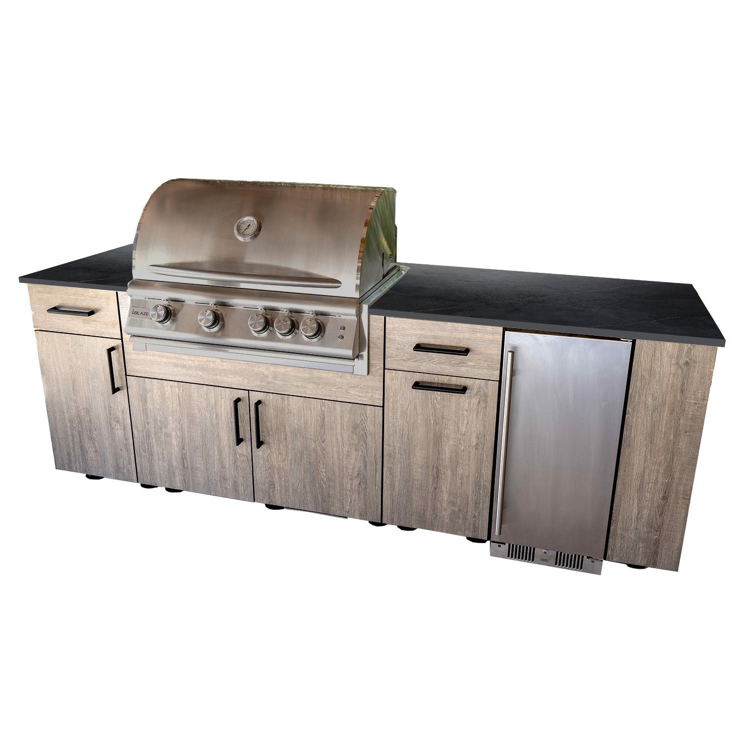 BBQGuys Signature Oasis 8 Ft Outdoor Kitchen Island w/ Blaze Natural Gas Grill & Refrigerator in Riverside Oak/Marquina Black