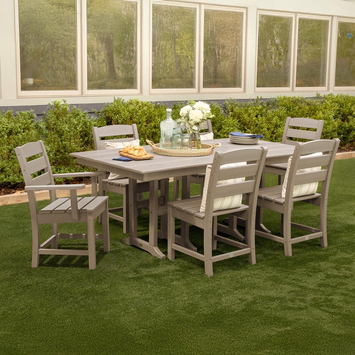 POLYWOOD Lakeside 7-Piece Farmhouse Dining Set - Sand - In Yard  - Lifestyle thumbnail
