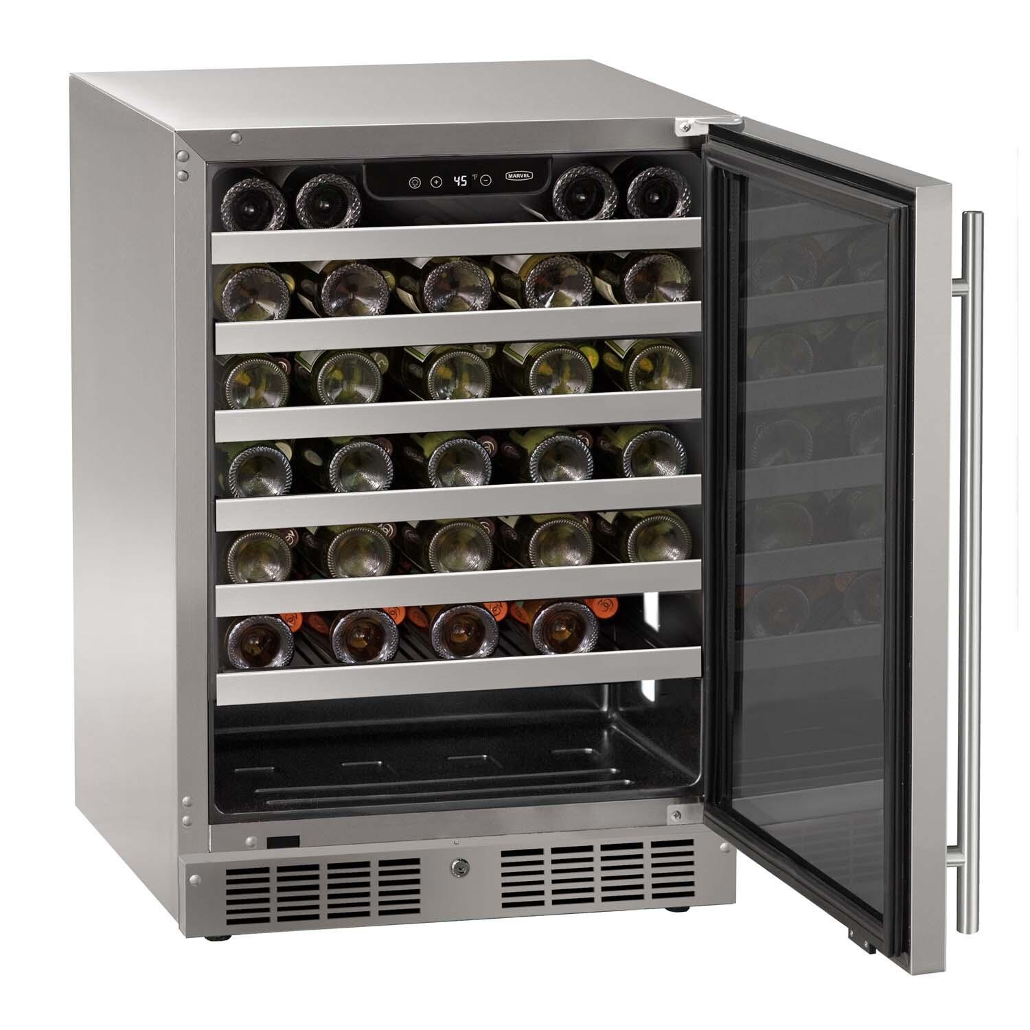 Marvel MRWC224-SG31A 24-in 5.1 Cu. Ft. Wine Refrigerator - Door Open w/ Wine Bottles - White Background thumbnail