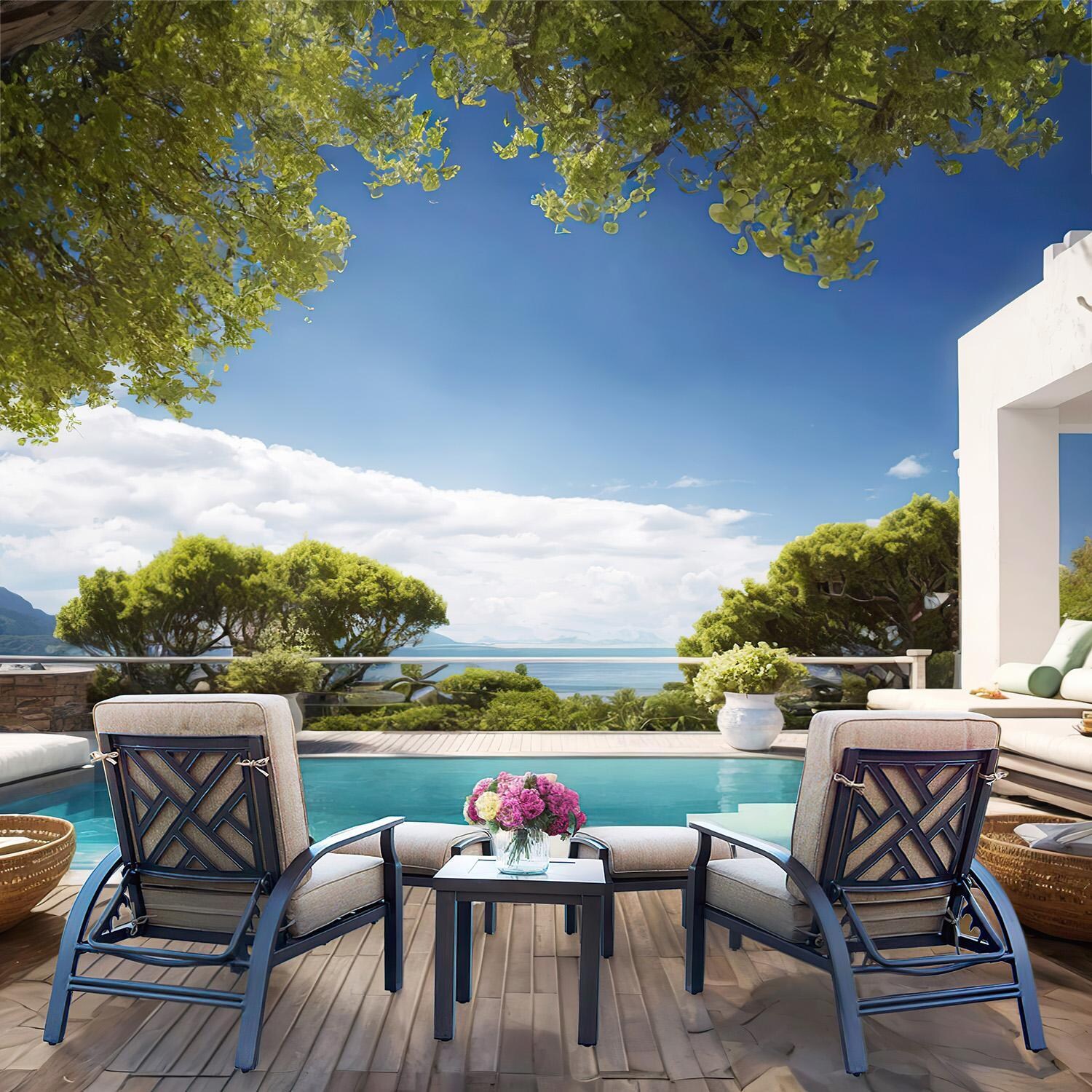 Darlee Brooklyn 5-Piece Patio Adjustable Club Chair and Ottoman Lounge Set with Cushions and 21 Inch Square End Table - Set Back By Pool - Lifestyle thumbnail