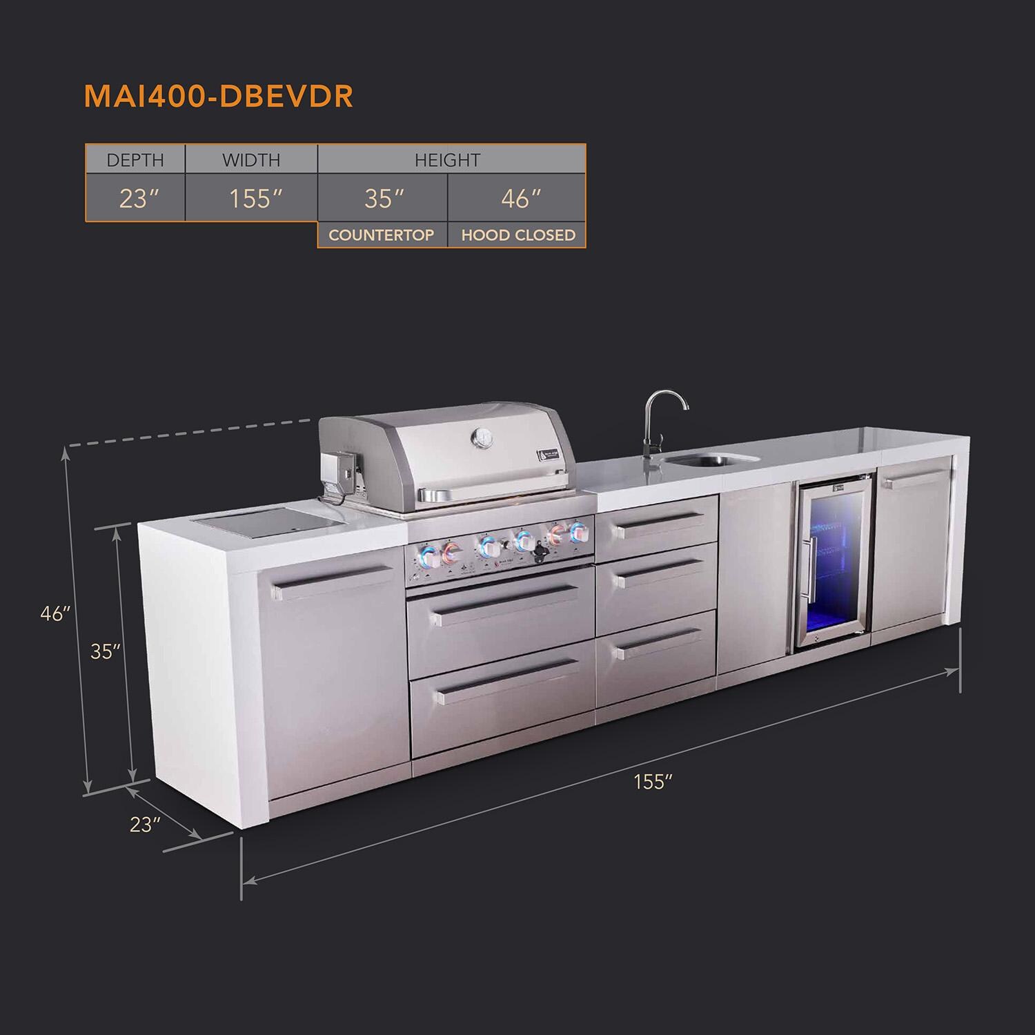 Mont Alpi Deluxe Series 12 Ft Natural Gas Outdoor Kitchen Island w/ 32-in Grill, Side Burner, Beverage Center & Triple Drawer (Ships Propane w/ Conversion Kit) - Dimensions - Dimensional thumbnail