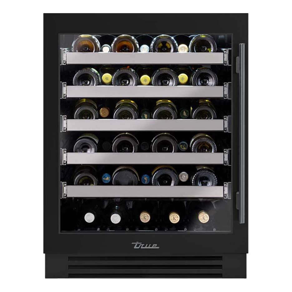 True TUWADA-24-LG-A~027-H05 ADA Height 24 Inch 40 Bottle Left Hinge Glass Door Outdoor Wine Cabinet - Matte Black w/ Pewter Handle - White Background thumbnail