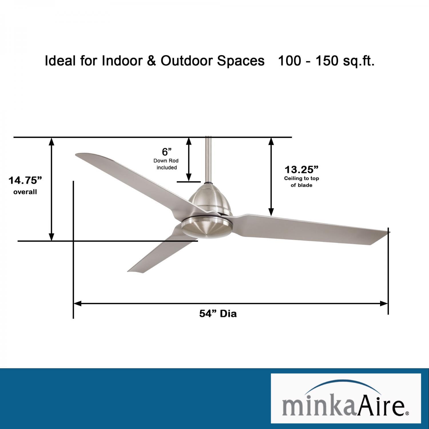 Minka-Aire F753-BNW Java 54-Inch 3-Blade Ceiling Fan in Brushed Nickel Wet Finish w/ Silver Blades - Dimensions thumbnail