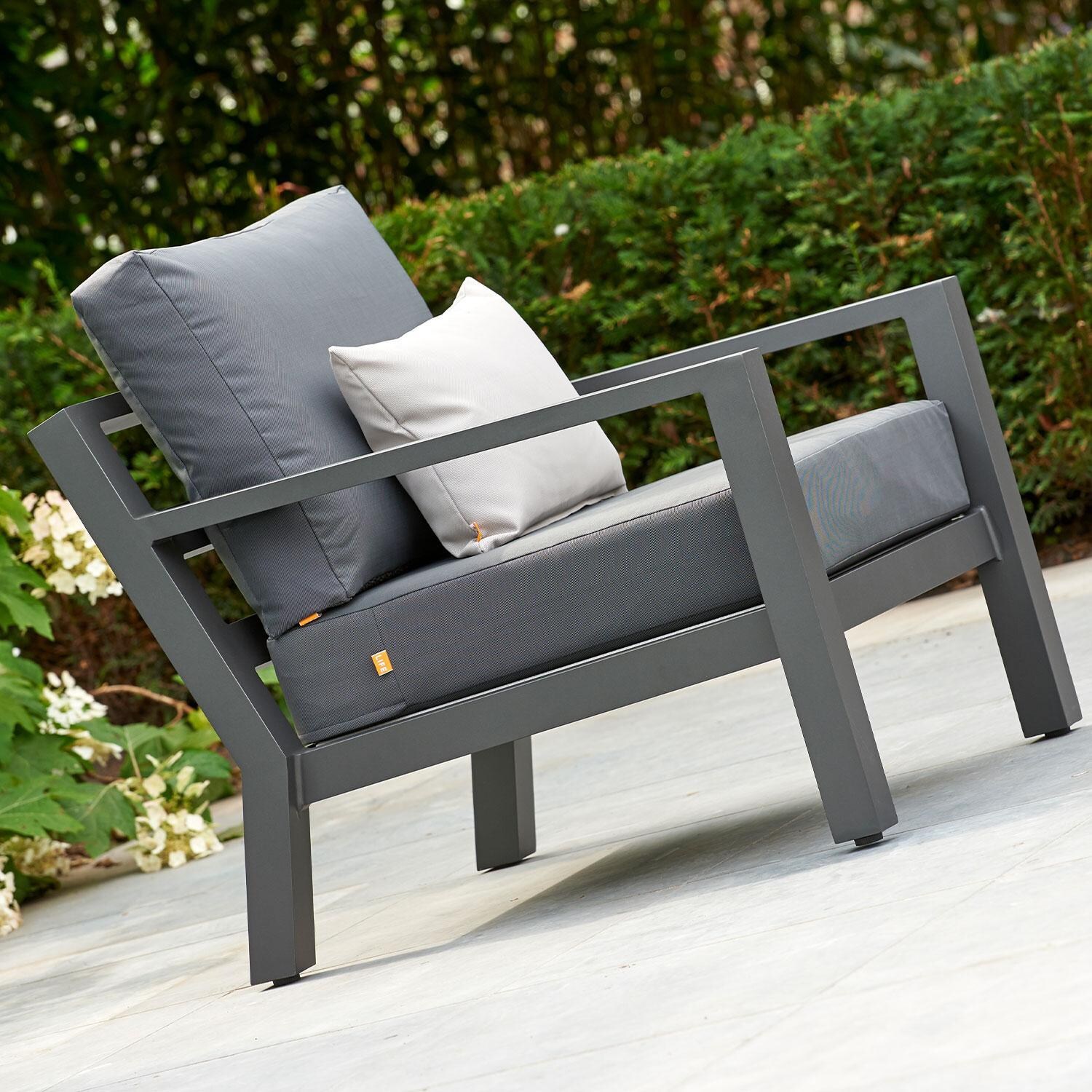 Timber 4 Pc Aluminum Lounge Set W/ Adjustable Table By KETTLER - Club Chair - Side View - Lifestyle thumbnail