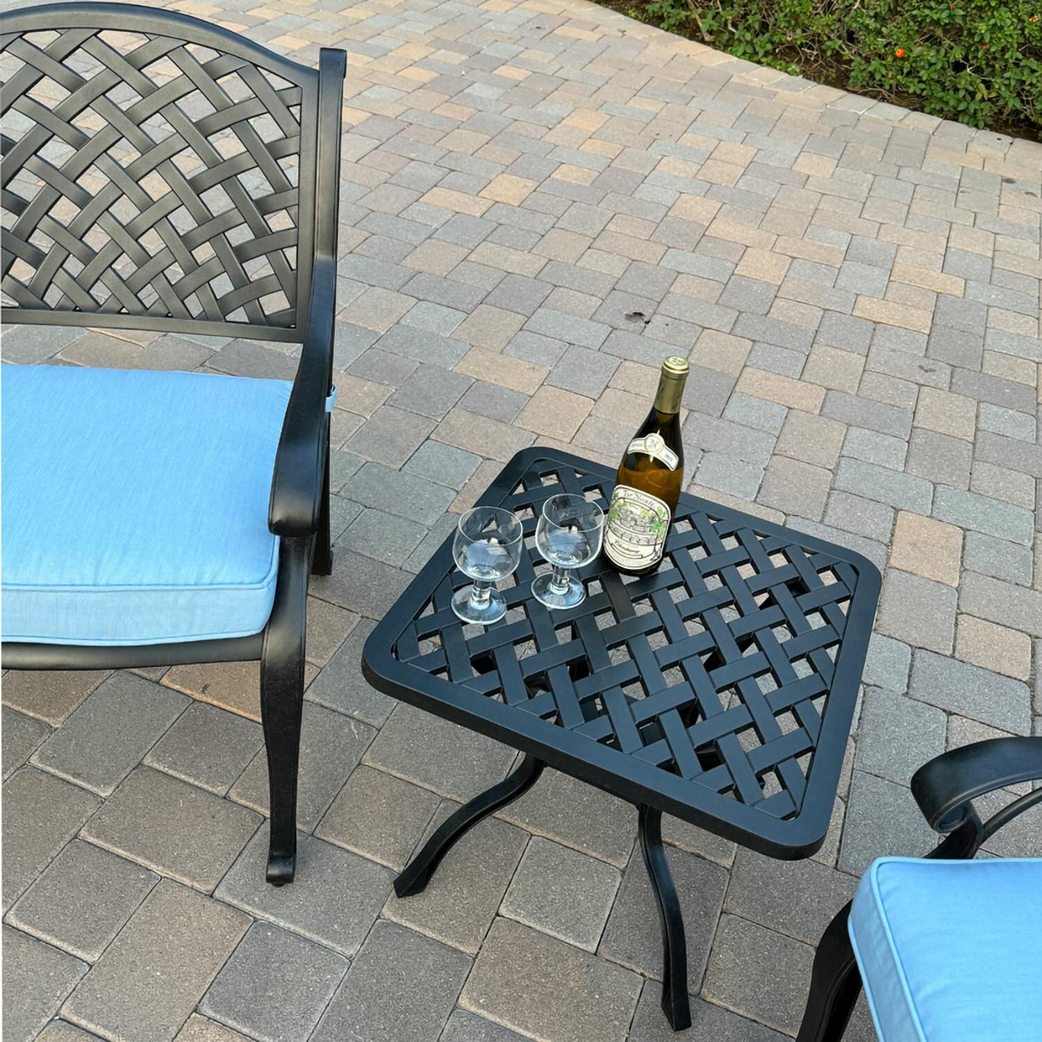 Darlee B/DL13-3PC-30A-B Nassau 3 Pc Cast Aluminum Conversation Set in Antique Bronze w/ Blue Cushions - Set From Above - Lifestyle thumbnail