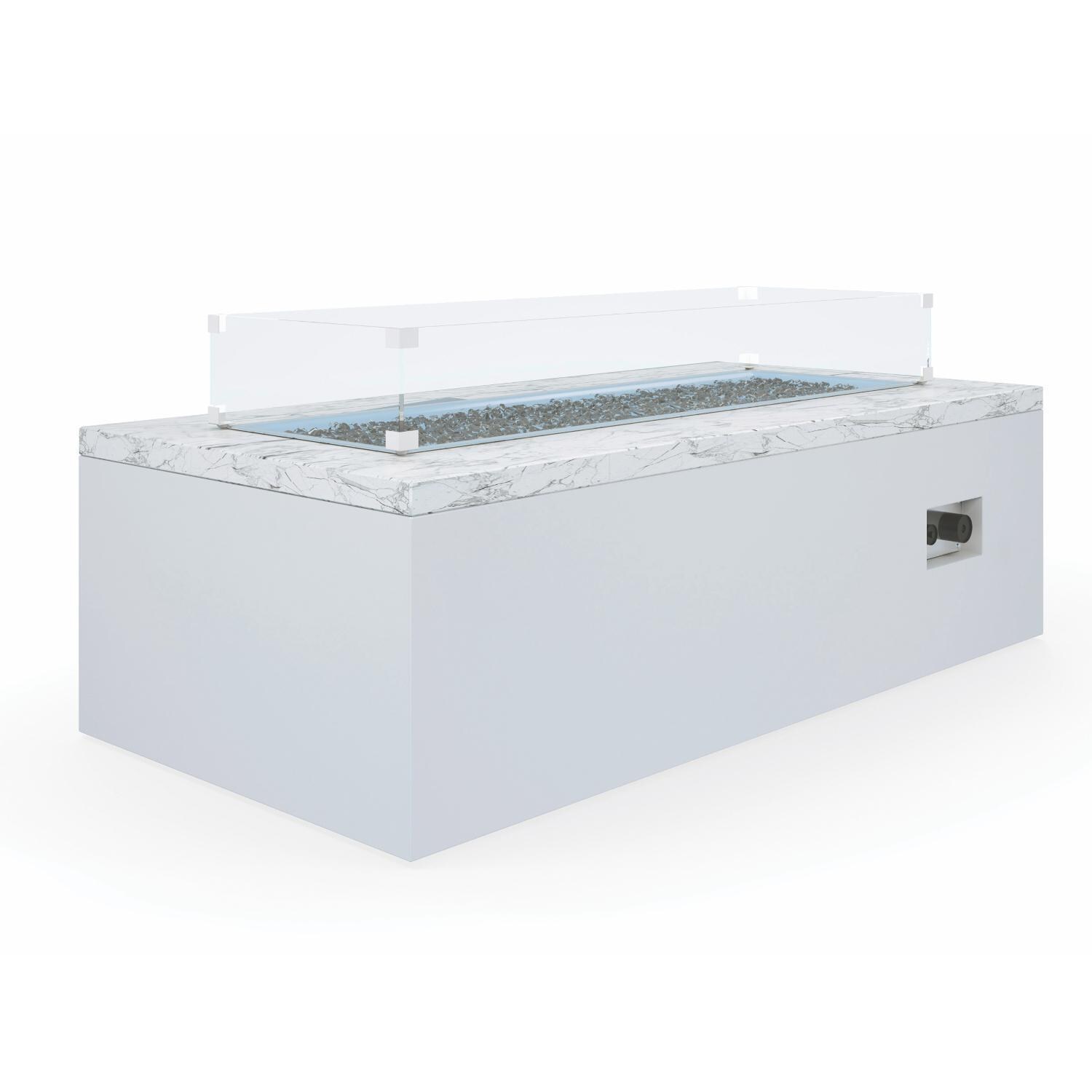 Sunset West - Newport 8 Piece Aluminum Patio Fire Pit Conversation Set W/ Pouf Coffee Table, End Table, Tank Covers, & Sunbrella Cast Silver Cushions - White Carrara Marble 60 X 30 Inch Propane Gas Fire Table - White Background thumbnail