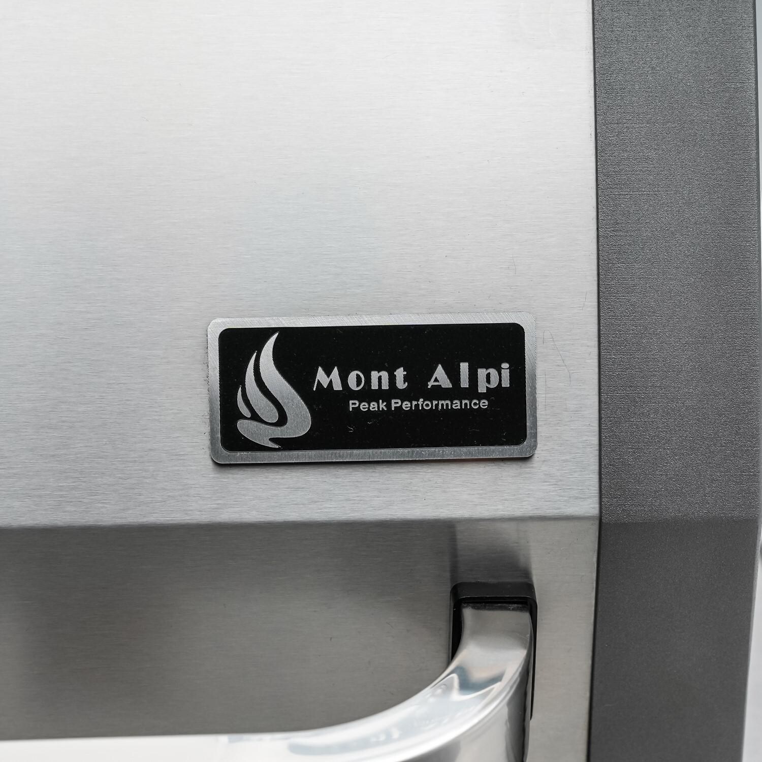 Mont Alpi - MAi400-D45 - Deluxe 45 Degree Propane Gas Island Grill W/ Infrared Side Burner & Rotisserie Kit - Logo - Detail