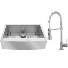 BBQGuys 33 X 22 Outdoor Rated Stainless Steel Farmhouse Sink W/ Pull-Down Coil Spring Hot/Cold Faucet, Sink Grid, & Strainer