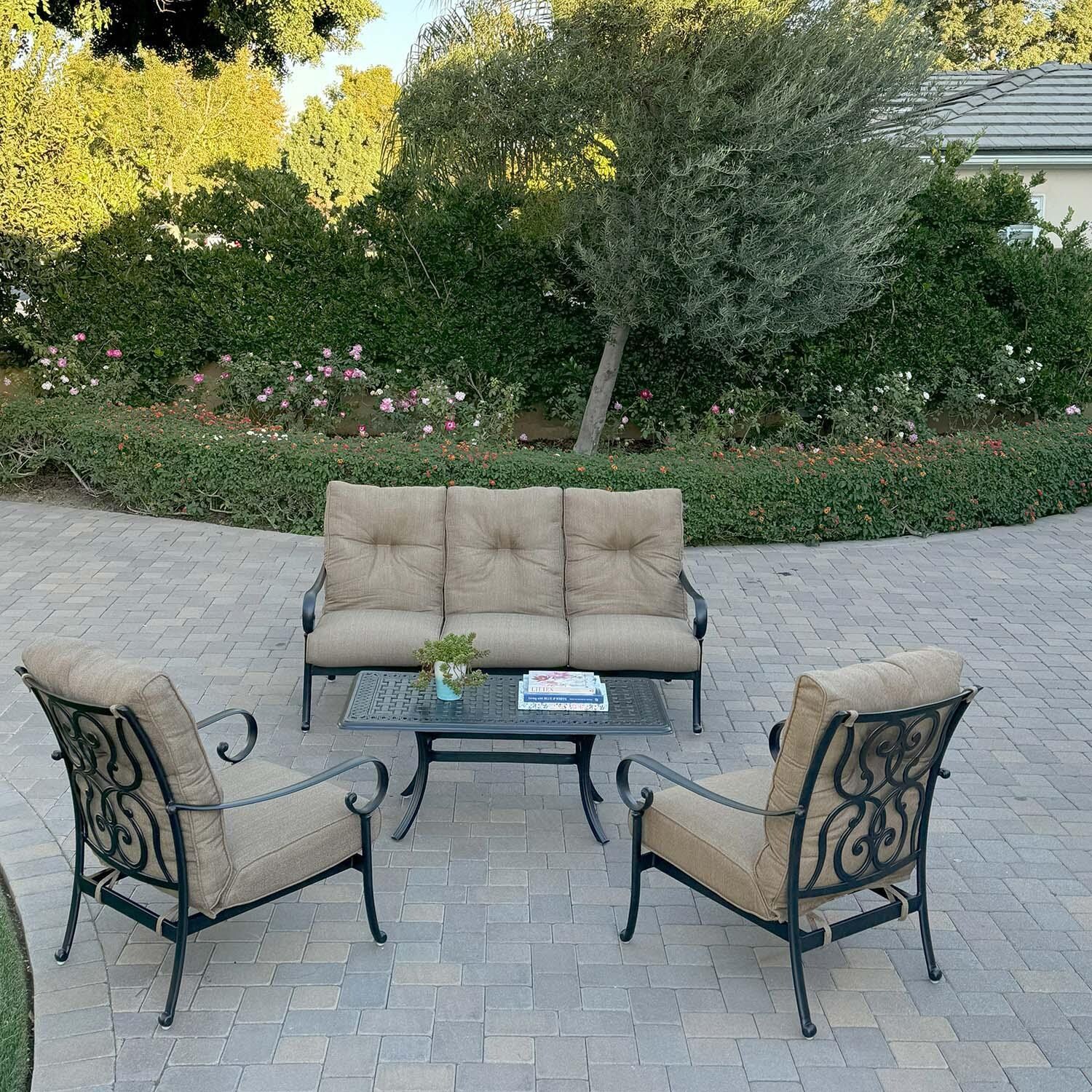 Santa Anita 4 Pc Cast Aluminum Seating Set w/ 48 X 26-in Series 88 Table in Antique Bronze/Heather Beige Sunbrella by Darlee