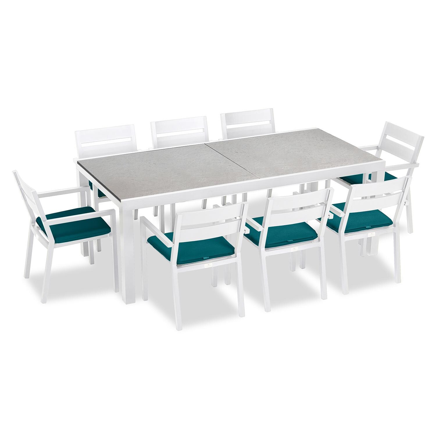 Calm Bay 9 Pc Extendable Aluminum Dining Set in White/Concrete/Spectrum Peacock by Lakeview Outdoor Designs