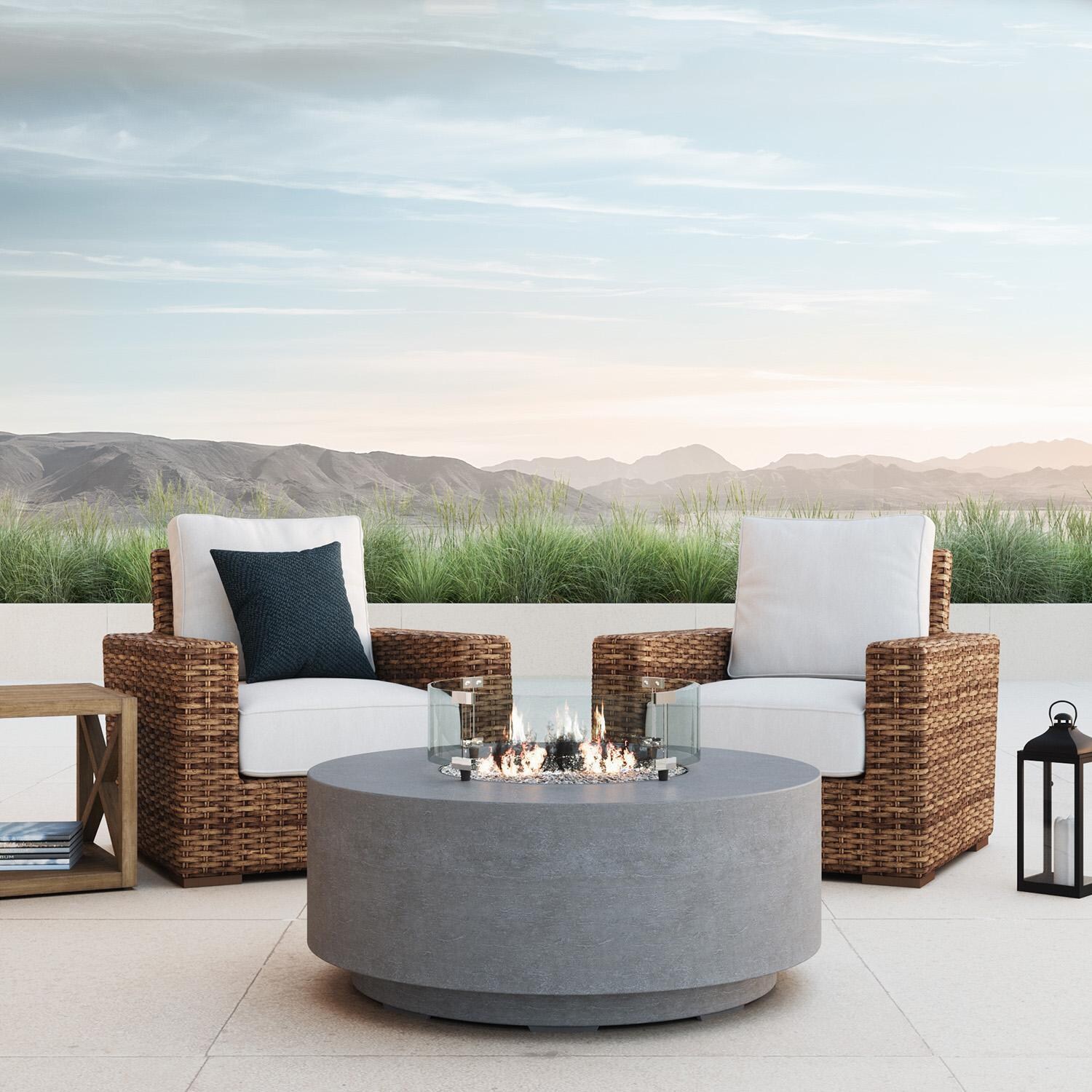 Sunset West - 1701-21-5492 - Havana Resin Wicker Patio Club Chair W/ Sunbrella Canvas Flax Cushions - Shown in Canvas Skyline finish (Fire Pit Not Included) - Lifestyle thumbnail