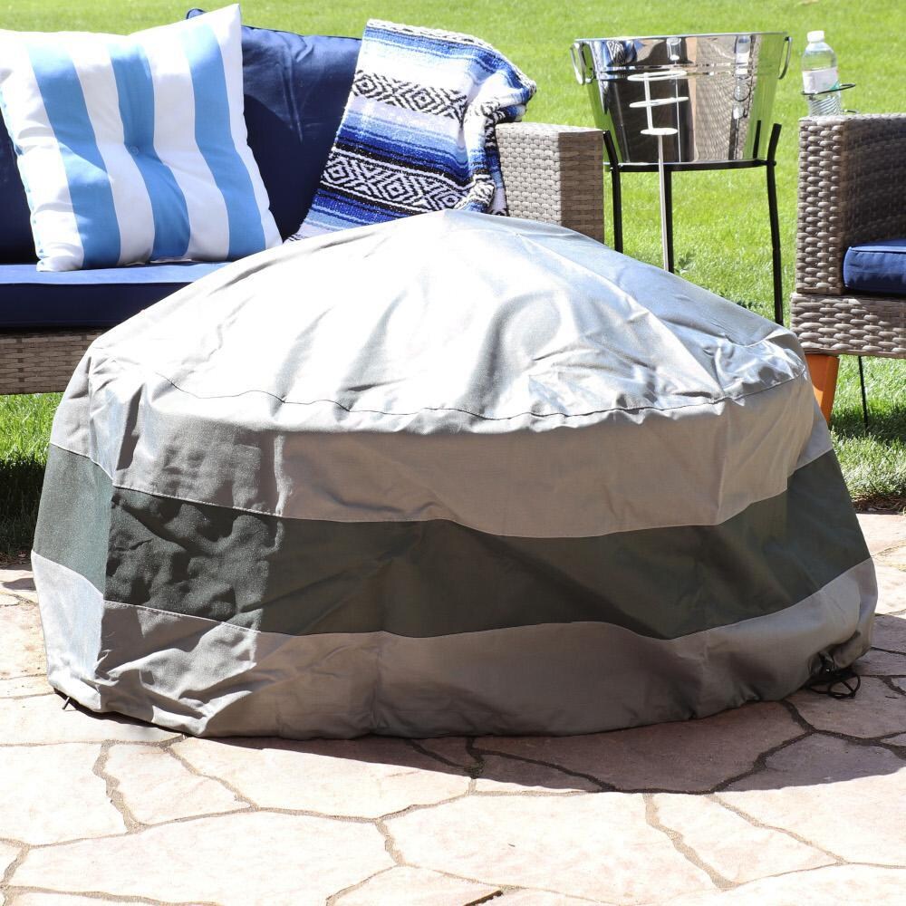 Ultimate Patio 60-Inch Round 2-Tone Gray/Green Stripe Outdoor Fire Pit Cover - Lifestyle thumbnail