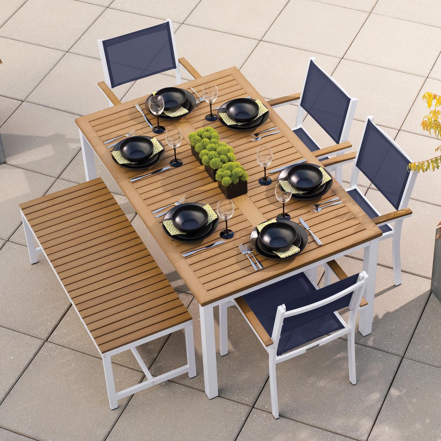 Oxford Garden Travira 48 Inch Aluminum Bench W/ Natural Tekwood Top in Chalk - Outdoor Dining Set thumbnail