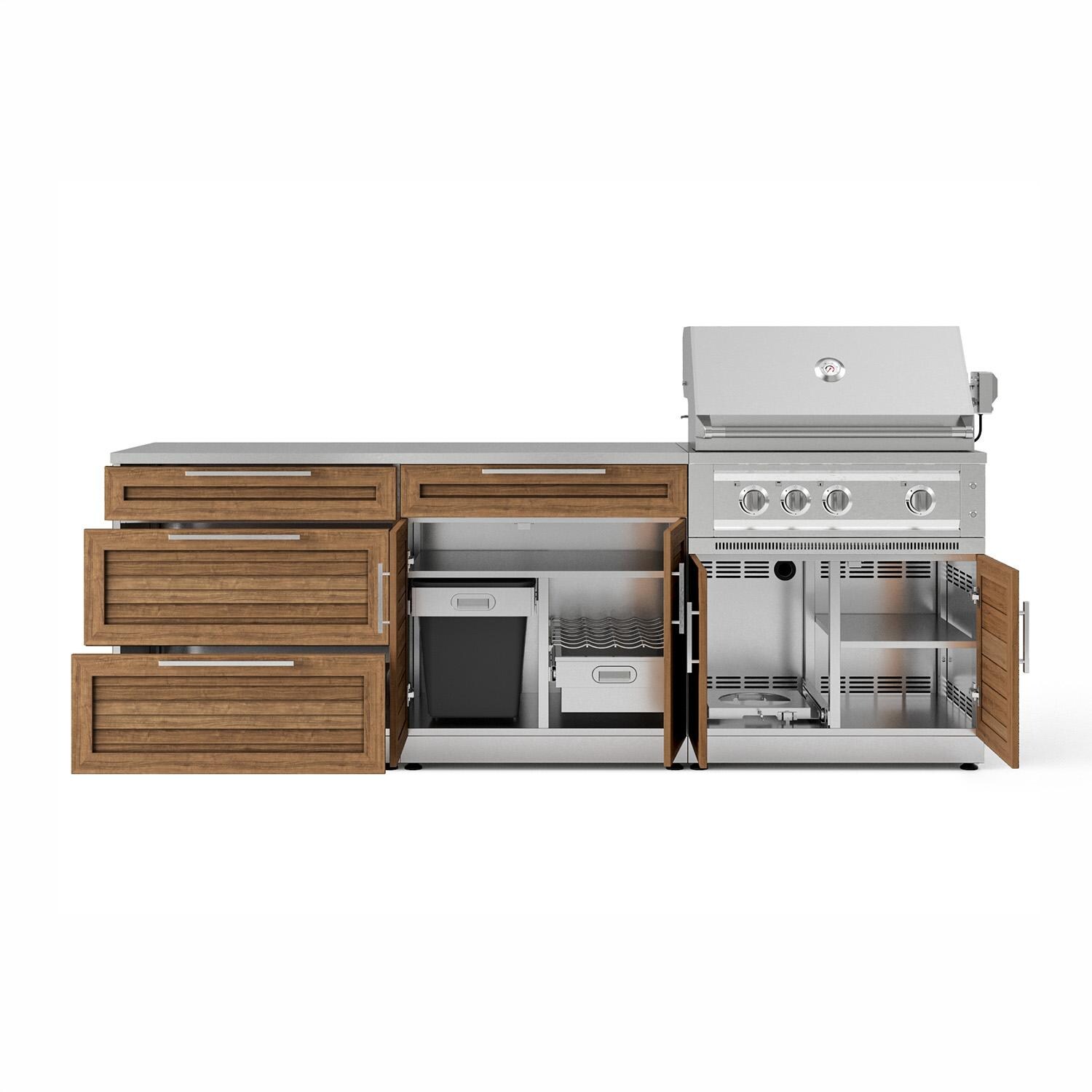 NewAge Products 71054 Classic Series 8 Ft Outdoor Kitchen Island w/ 33-in Propane Grill, Trash Bin, Door & Drawer in Grove/Stainless Steel - Open - White Background thumbnail